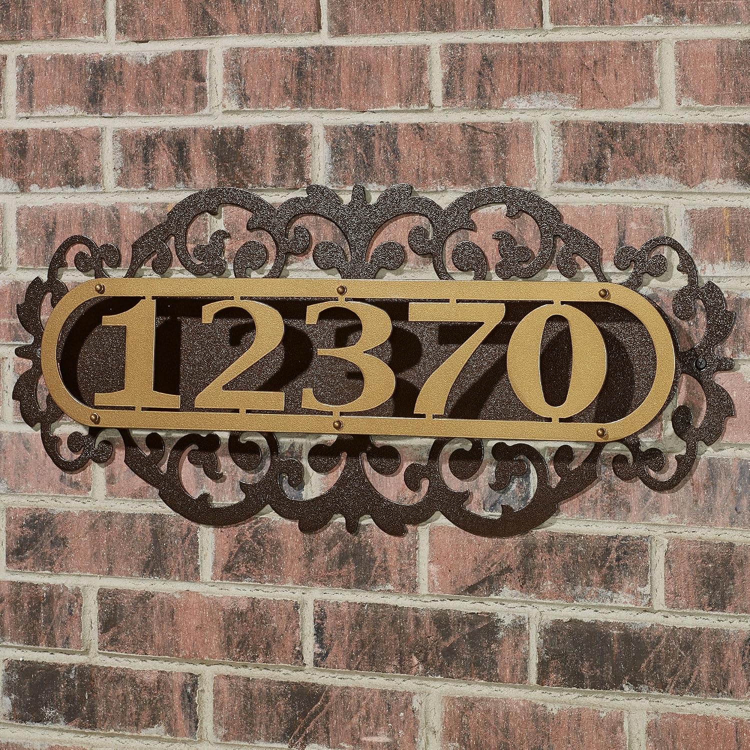 LaRoyal House Number Wall Plaque with Scrollwork | Custom Address Wall Art Sign for Outdoor Use | Horizontal 4 or 5 House Numbers Personalized Design | Gold and Bronze Durable Finish