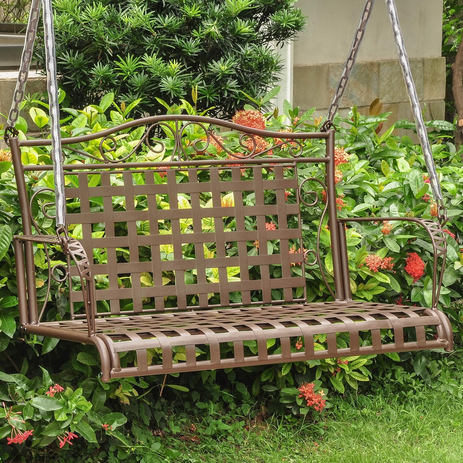 International Caravan 52561-OG-165263-O-852752 Iron Outdoor Porch Swing, 4', Hammered Bronze