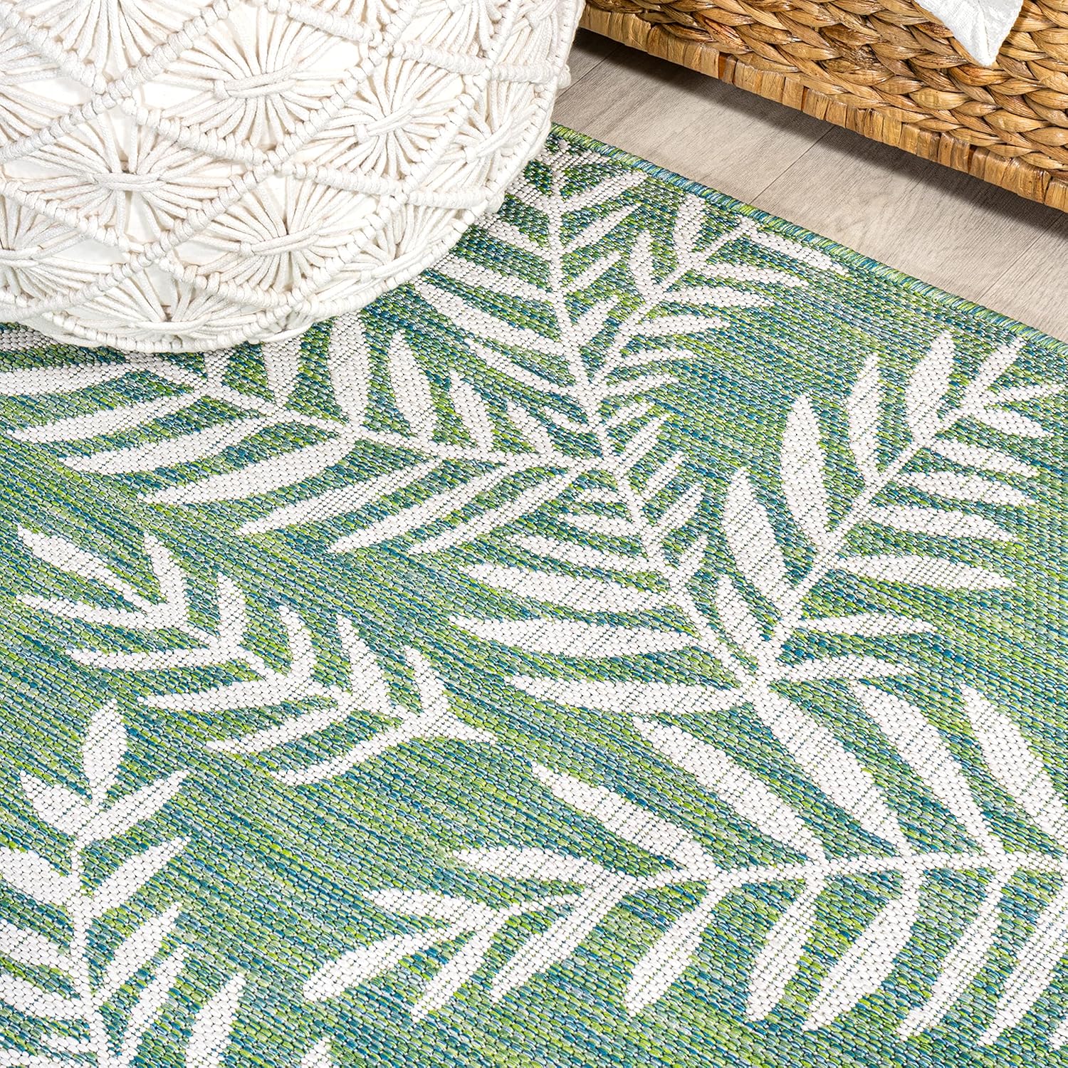 Eyely BMS119G-5R Santa Monica Nevis Palm Frond Indoor/Outdoor Area Rug Coastal;Casual;Country;Floral, Bedroom, Kitchen, Backyard, Patio, Easy-Cleaning, Non-Shedding, 5' Round, Cream/Green