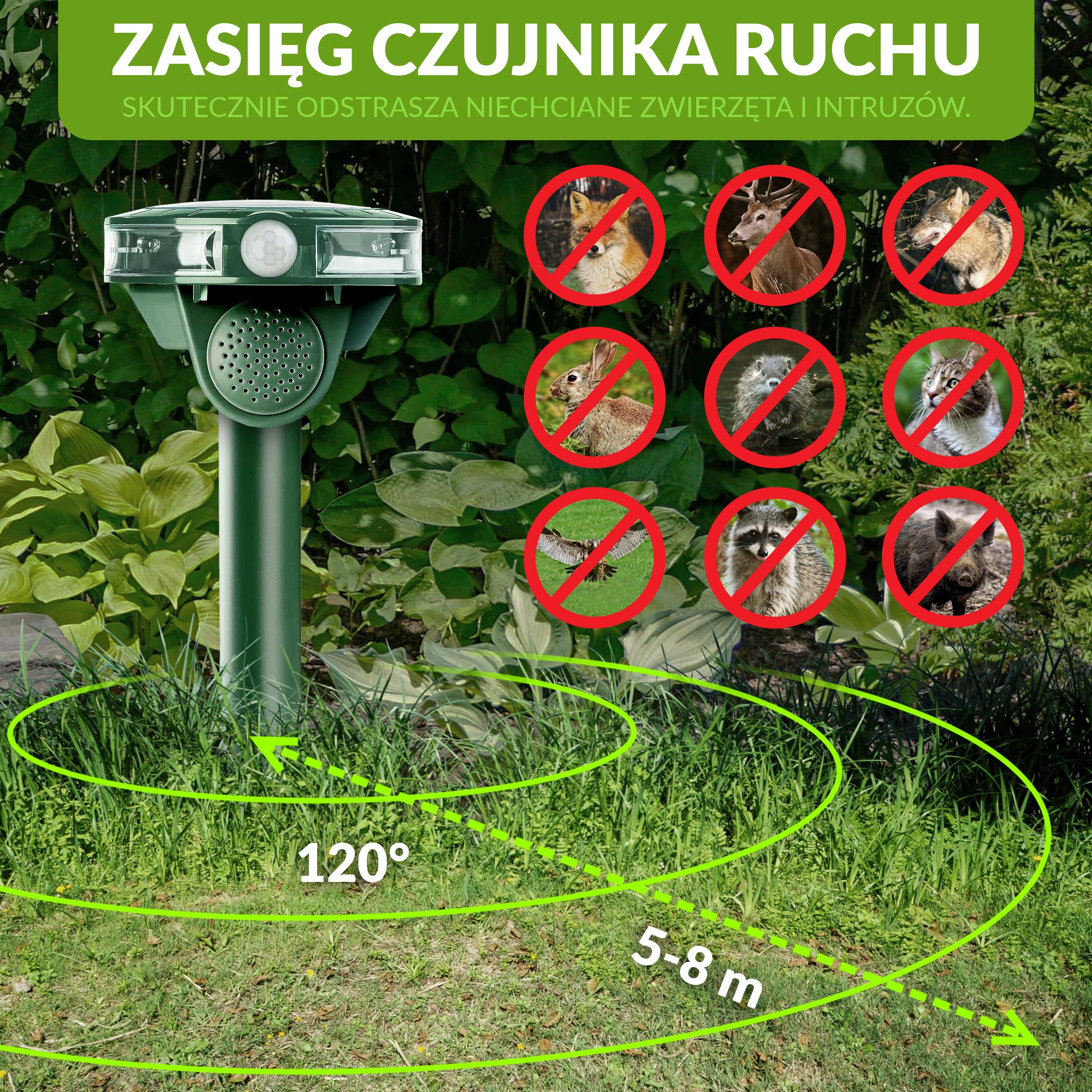 ISOTRONIC Solarny odstraszacz kotów, psów, lisów i szopów – Ultradźwiękowy – Z kolcem do wbijania w ziemię – Do ogrodu i na trawnik – Zasięg 40 m² (2 sztuki)
