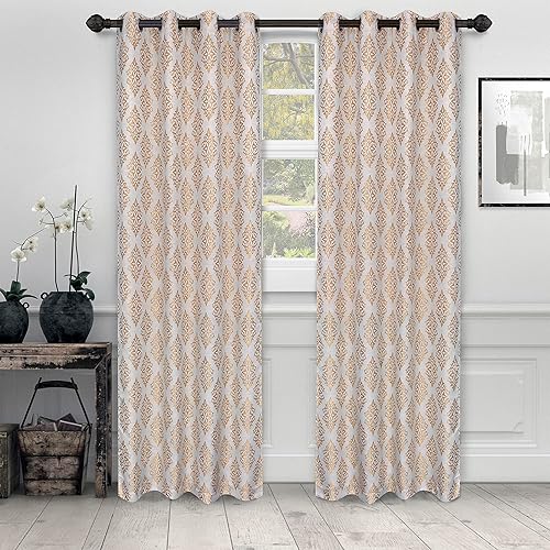 Superior Cortinas de jacquard de damasco veneciano con cabecera con ojales, color dorado, 52 x 96 pulgadas