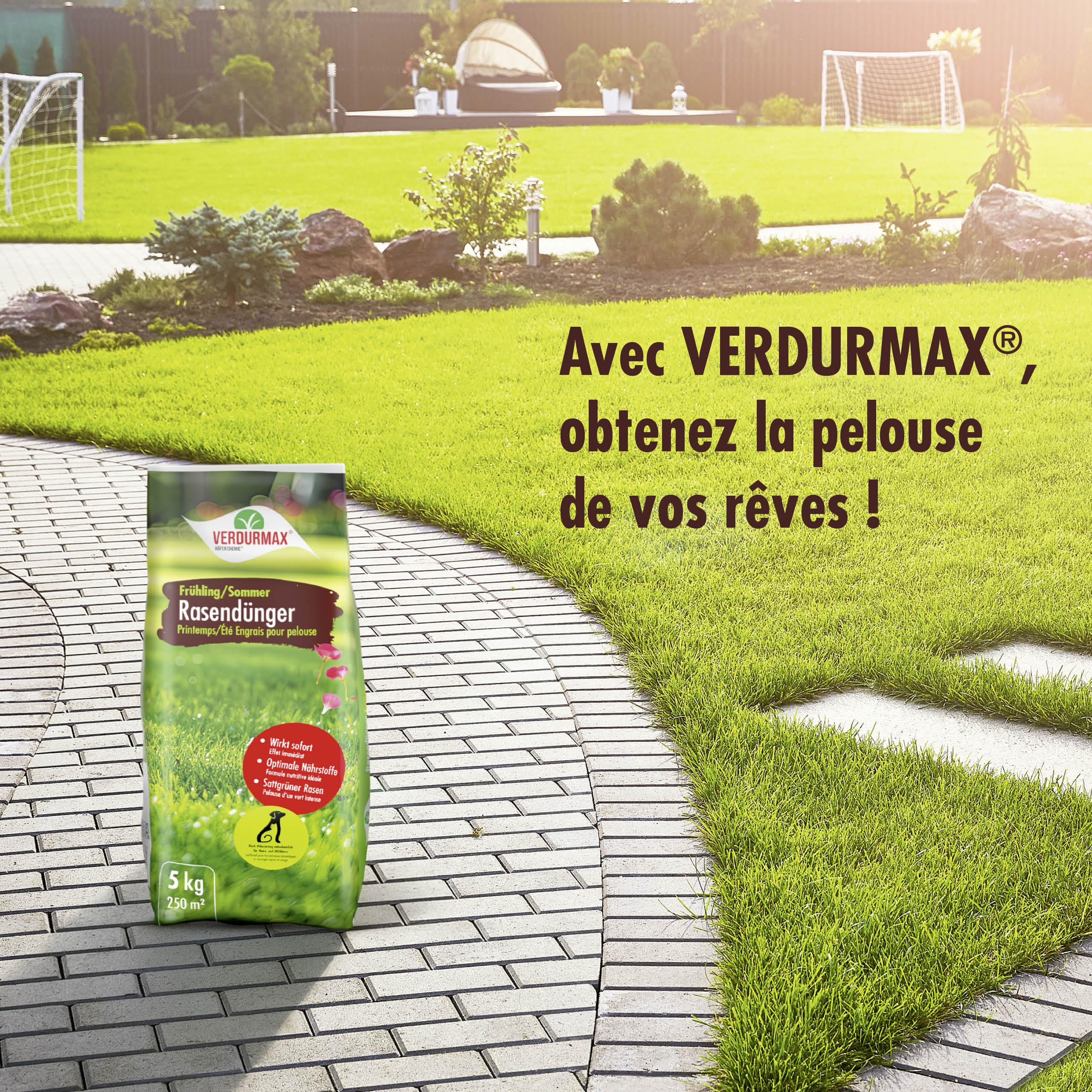 Verdurmax 5 kg d'engrais pour gazon Printemps & Été – Engrais à libération prolongée avec azote pour 250 m² de gazon vert luxuriant – Sans danger pour les chiens – Compatible avec épandeur