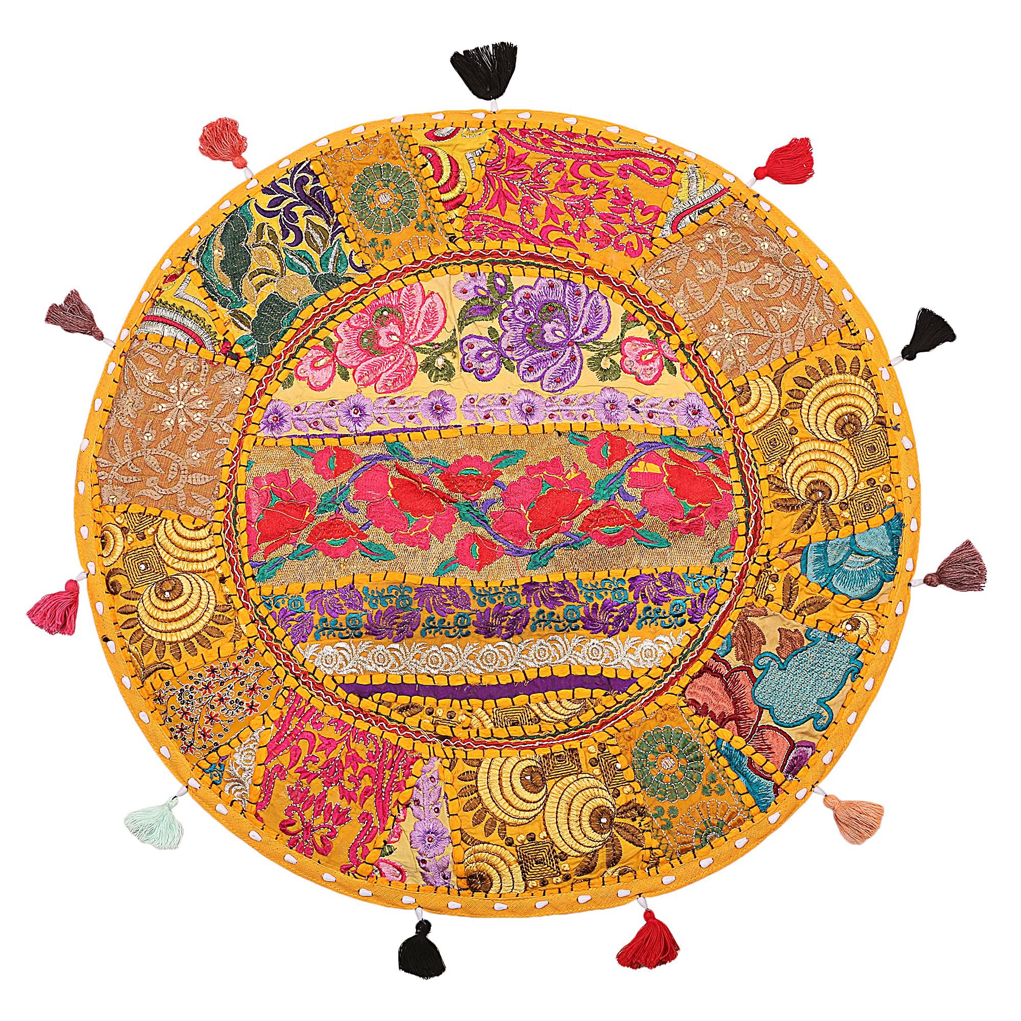 Stylo Culture Rajasthani Throw Cushion Cover Seating Vintage Embroidered Patchwork Ethnic Cotton Throw Floor Cushion Cover Yellow 22" Round Pillow Cover