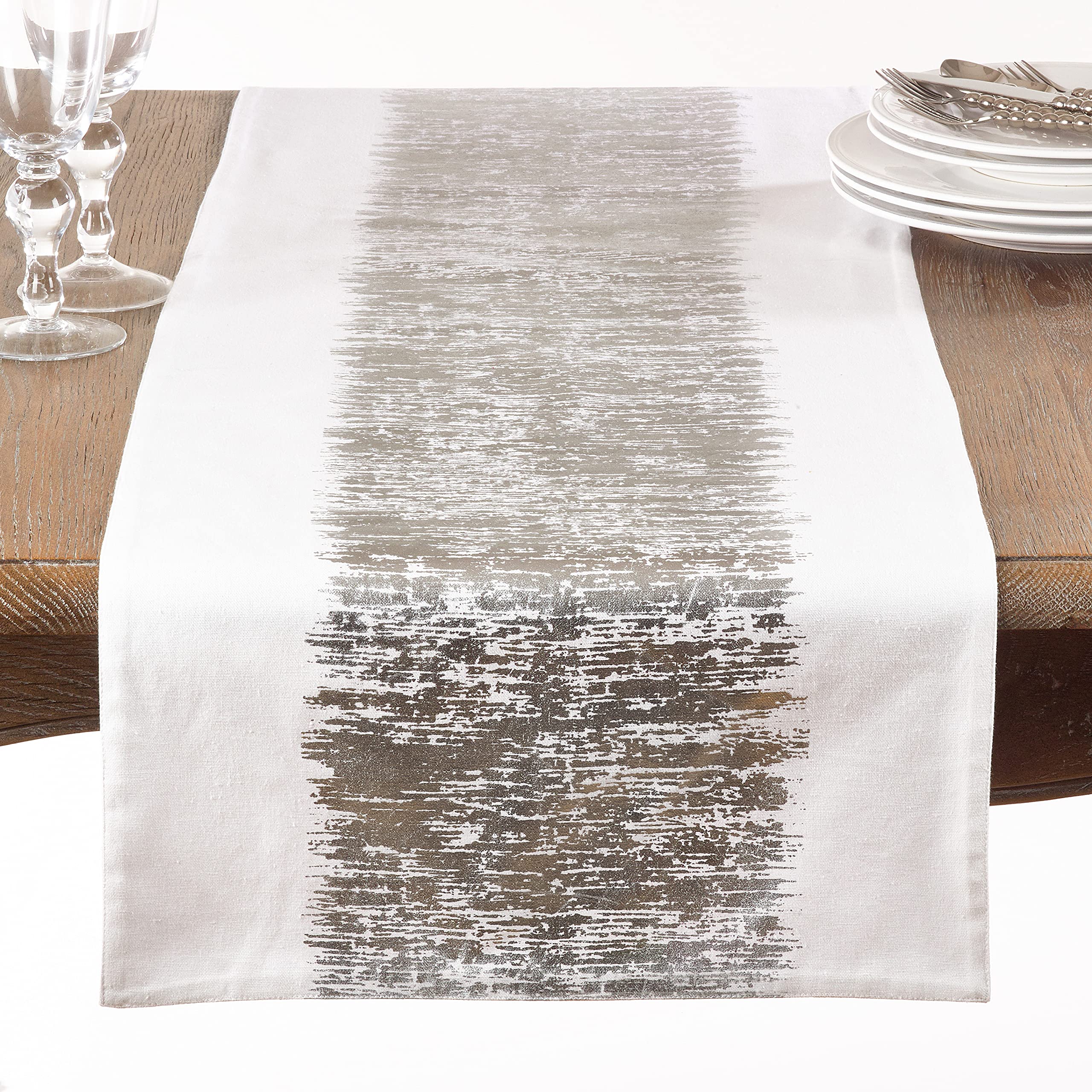 SARO LIFESTYLE Agatha Collection Runner da Tavolo in Cotone con Design a Fascia Metallico, 100%, Argento