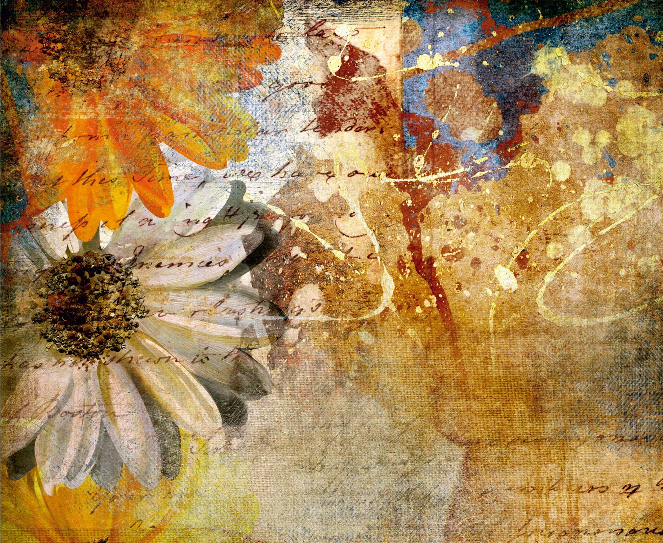 White Orange Flowers Painting Abstract Floral Wall Mural Non-Woven Photo Wallpaper Made in Europe for Living Room Family Room Bedroom, 11'10"(H) x 8'10"(V) (360x270 cm)