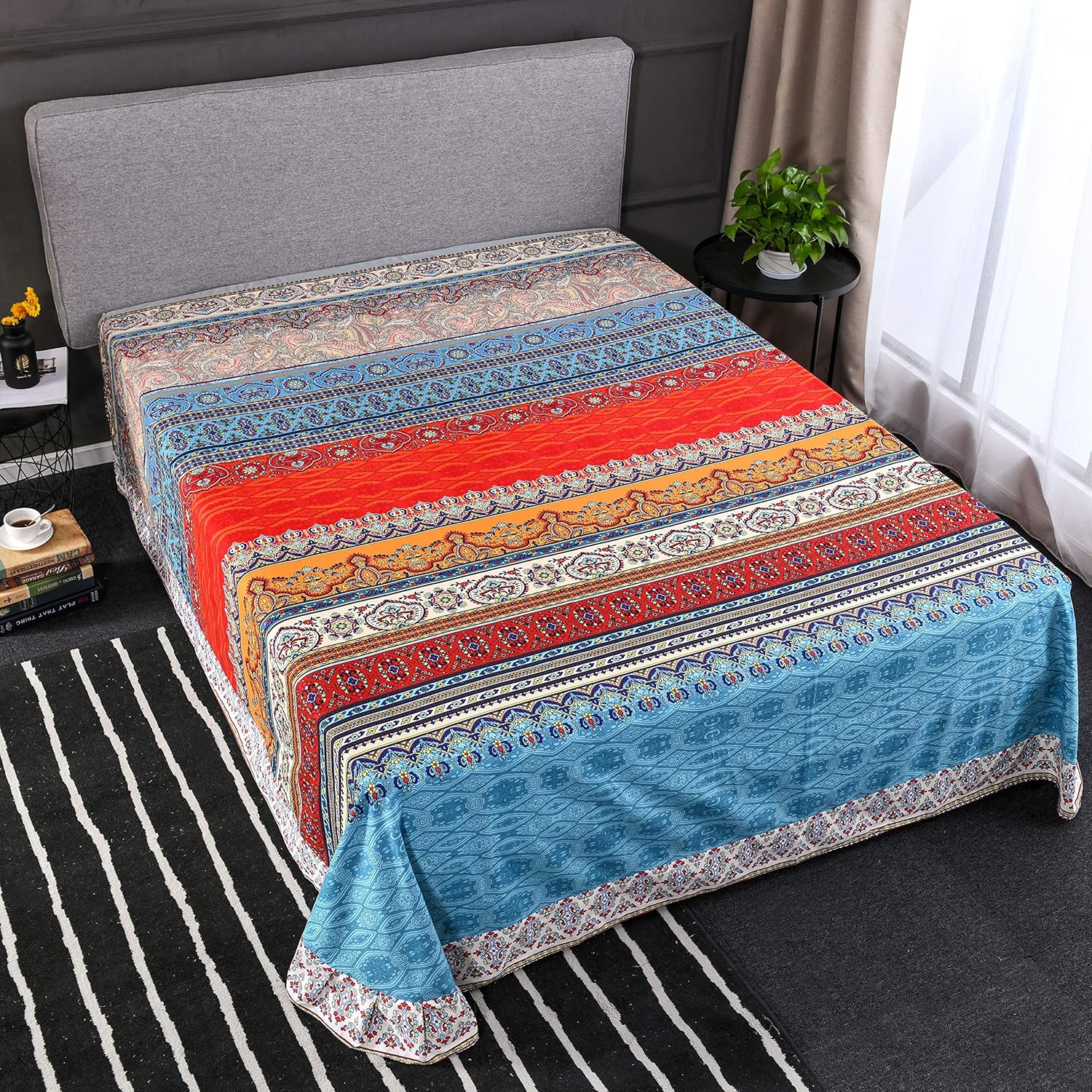 Bohemian Exotic Striped Sheet, Brushed Cotton Boho Flat Sheet Queen Size