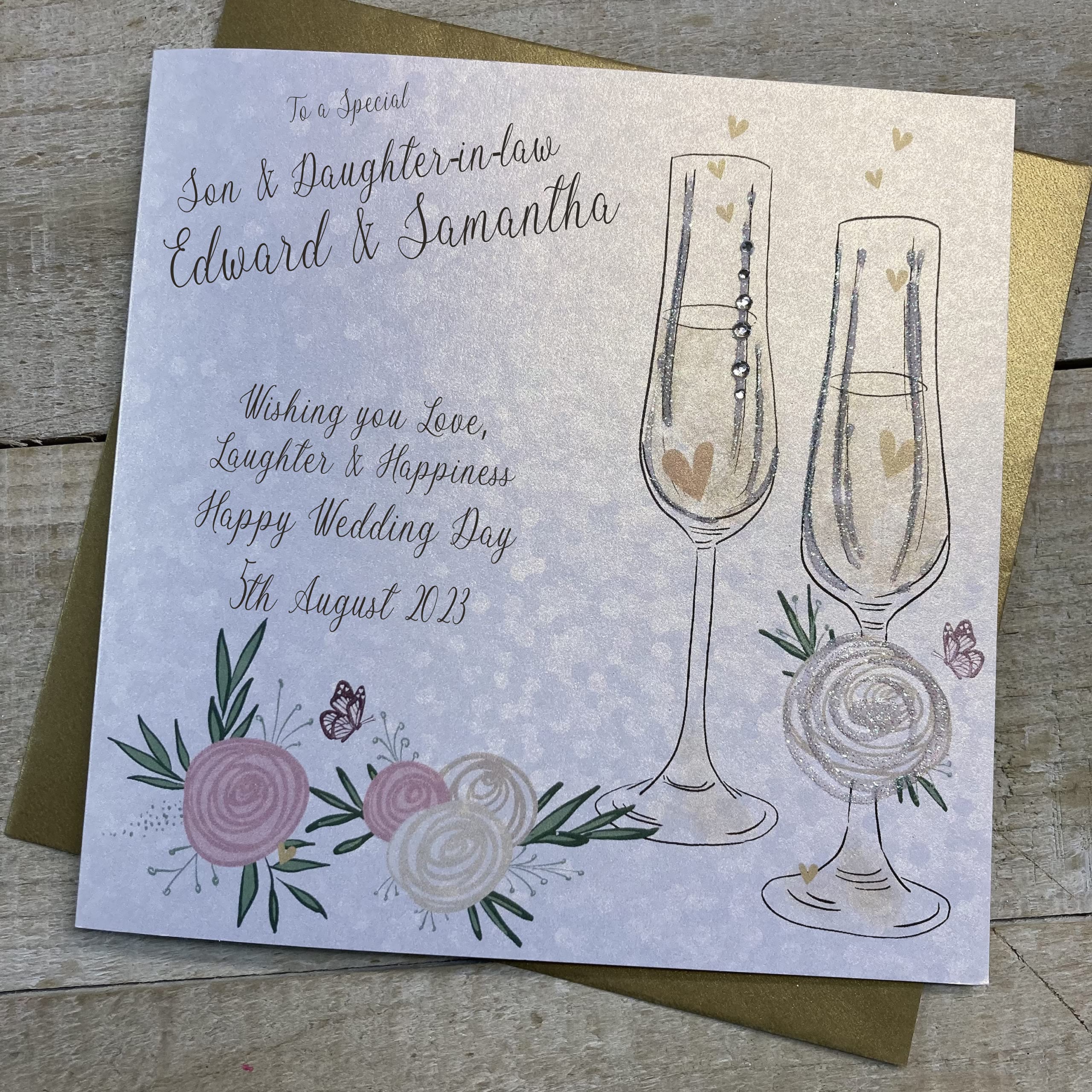 WHITE COTTON CARDS PERSONALISED WEDDING CARD, TO A SPECIAL SON & DAUGHTER-IN-LAW, FLUTES & FLOWERS DESIGN, HAND FINISHED (X) P23-3-SD