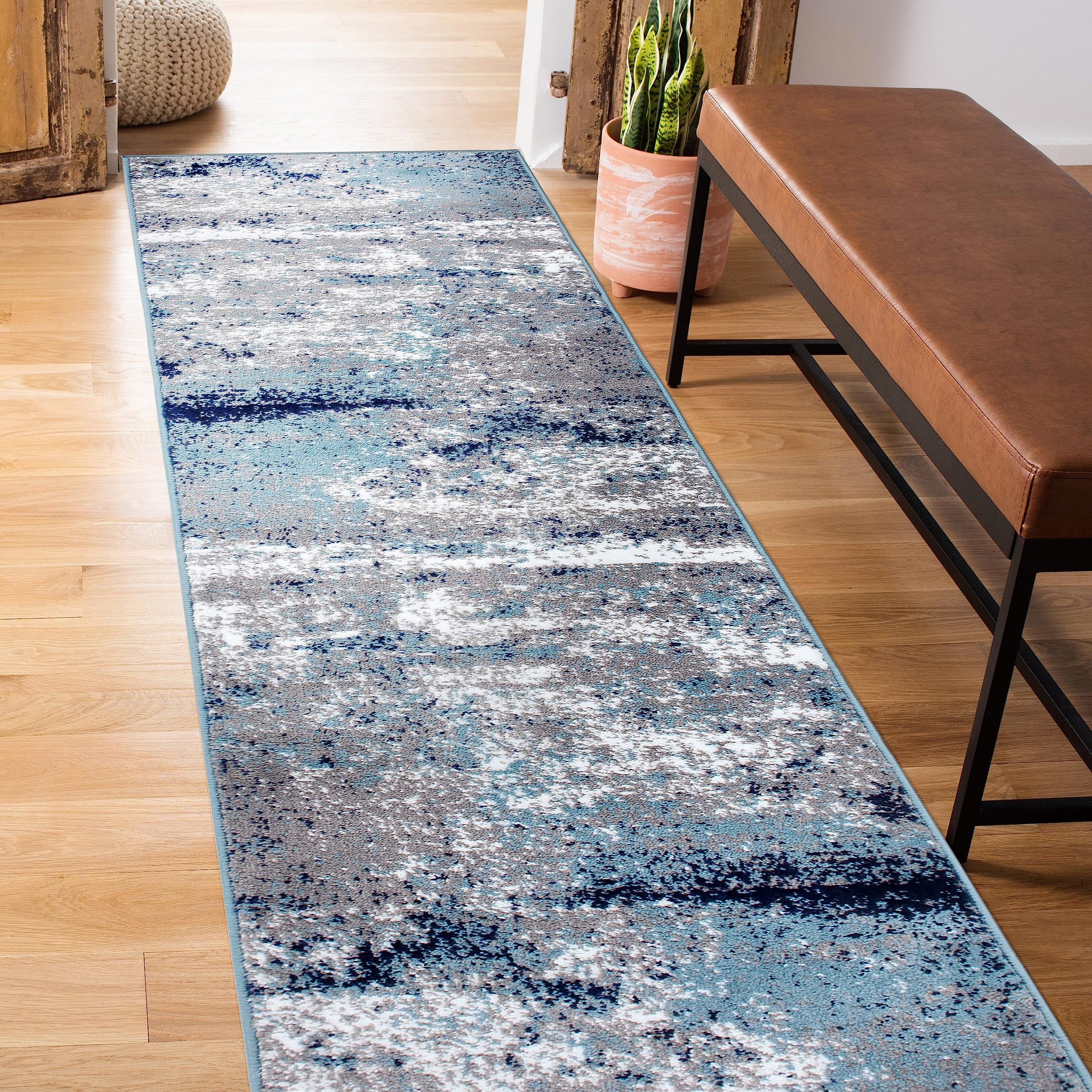Rugshop Modern Distressed Blue Abstract Runner Rug Bohemian Inspired Watercolor for Hallway, Entryway and Kitchen 2' x 7'