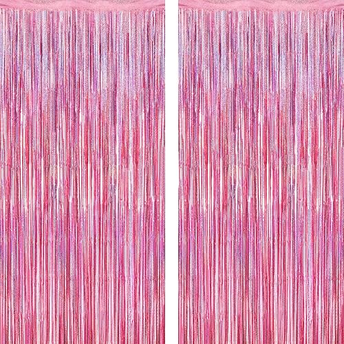 Paquete de 2 fondos rosa brillante, 3.28 × 7.05 pies, cortinas de flecos láser metálicas, ideales como decoración de cumpleaños, fondo para fotos y