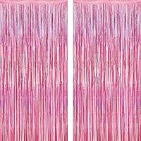 2 Pack Glitter Pink Backdrop, 3.28 FT x 7.05 FT Birthday Party Decorations, Laser Pink Fringe Curtains Foil Streamer...
