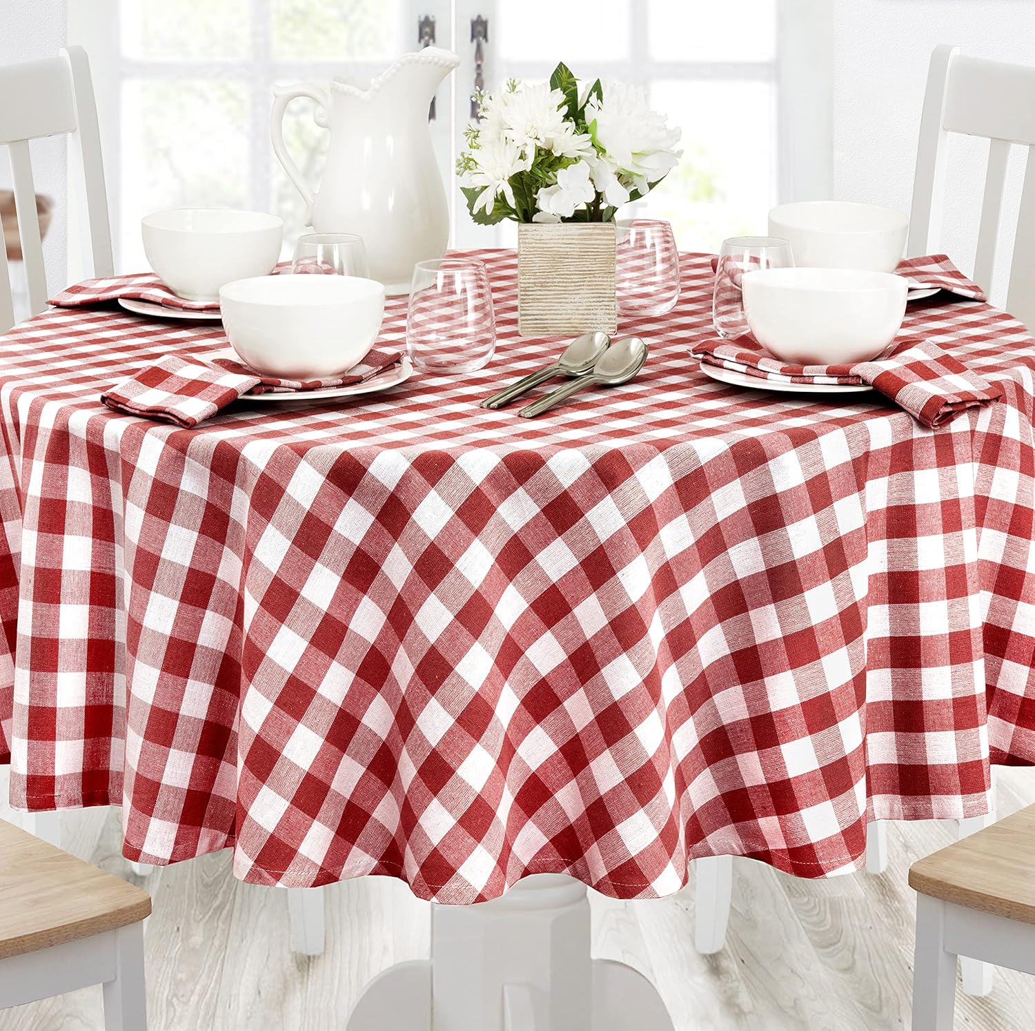 Home Bargains Plus Country Rustic Buffalo Plaid Cotton Tablecloth, 60 x 84 Inch Oval, Red, Checkered Cottage Gingham Easy Care Dining Table Cover