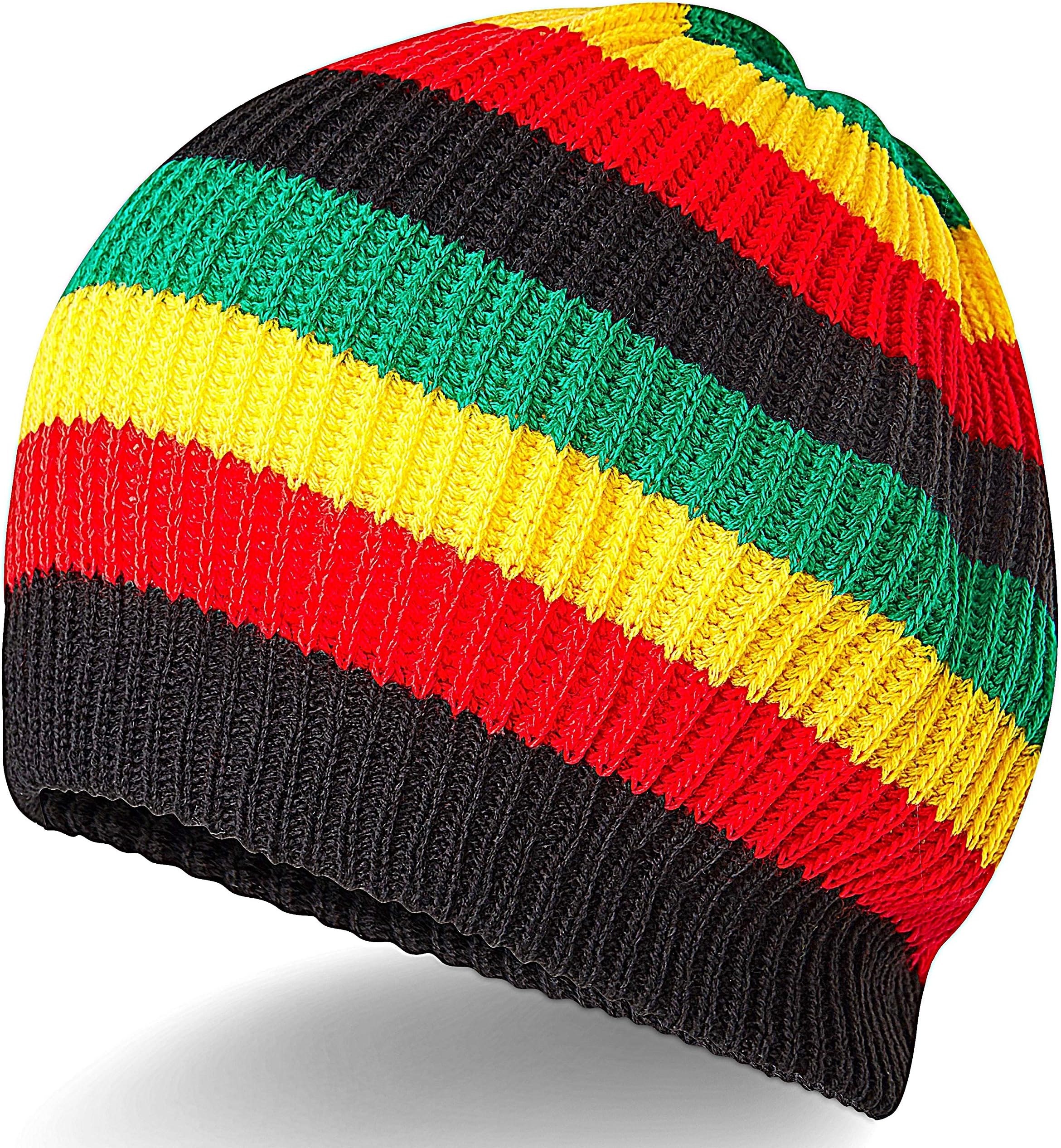 x2 Black Seam Centered Round Unisex Knit Slouch Caribbean Jamaican Rasta Hat Cap Beanie Rastafarian Bob Marley Fancy Beret, One Size, Black / Red / Yellow /Green