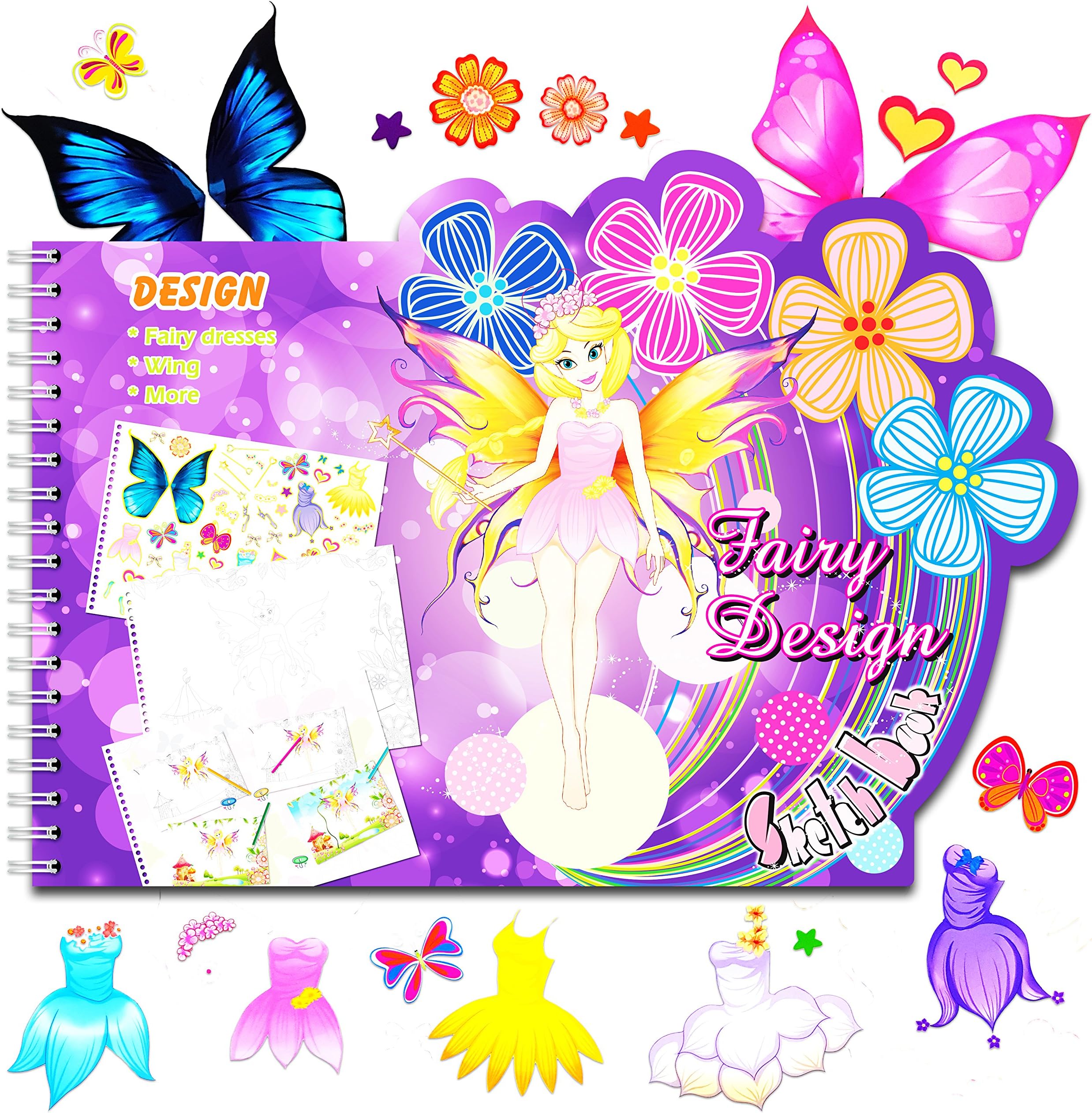 Fairy Dress Sketch Portfolio Sticker Book - Designer Sketchbook - 100+ Stencils, 36 Giant Coloring Pages, Princess Dress Costume Flowers Butterflies Stickers – Art Kit Drawing Coloring Book for Kids
