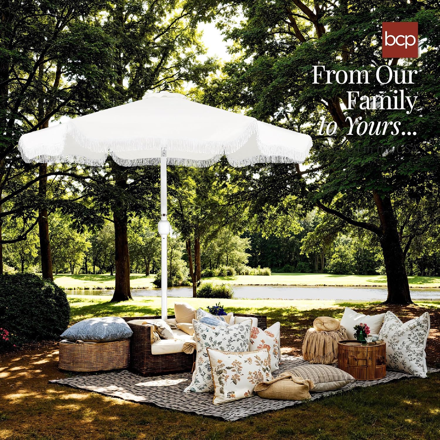 Best Choice Products 9ft Fringe Market Patio Umbrella – Outdoor Boho Tassel Sunshade for Table, Pool, Deck, Backyard – UPF50+, Easy Tilt, Heavy Duty Steel Pole & Ribs - White - Image 8
