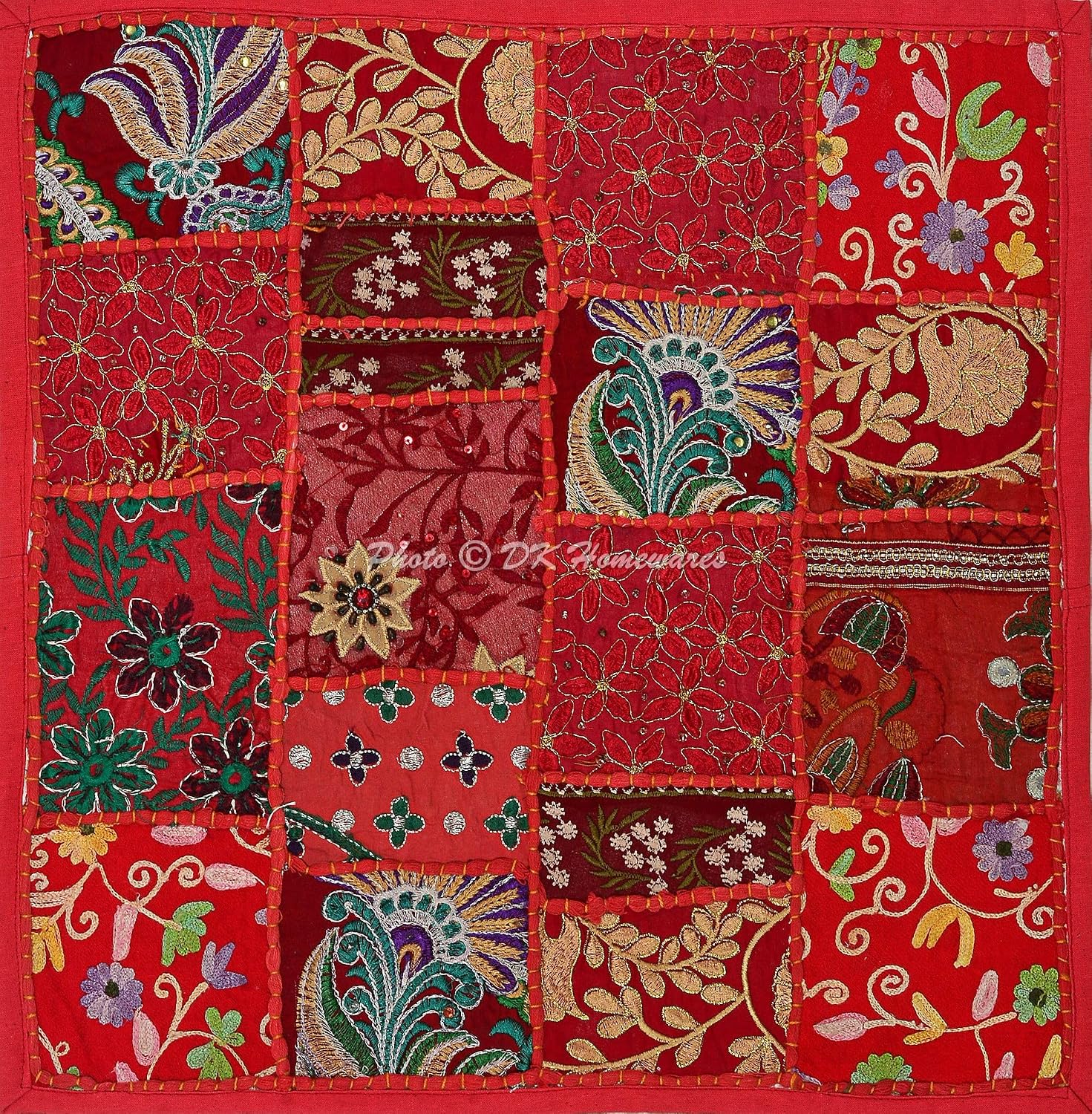 Indian Throw Pillow Covers 16 Inch Cotton Vintage Patchwork Ethnic Square Embroiderded Cushion Covers (Size - 40x40 cm ; Color: Red) - Set of 5 Pcs (Cover Only)