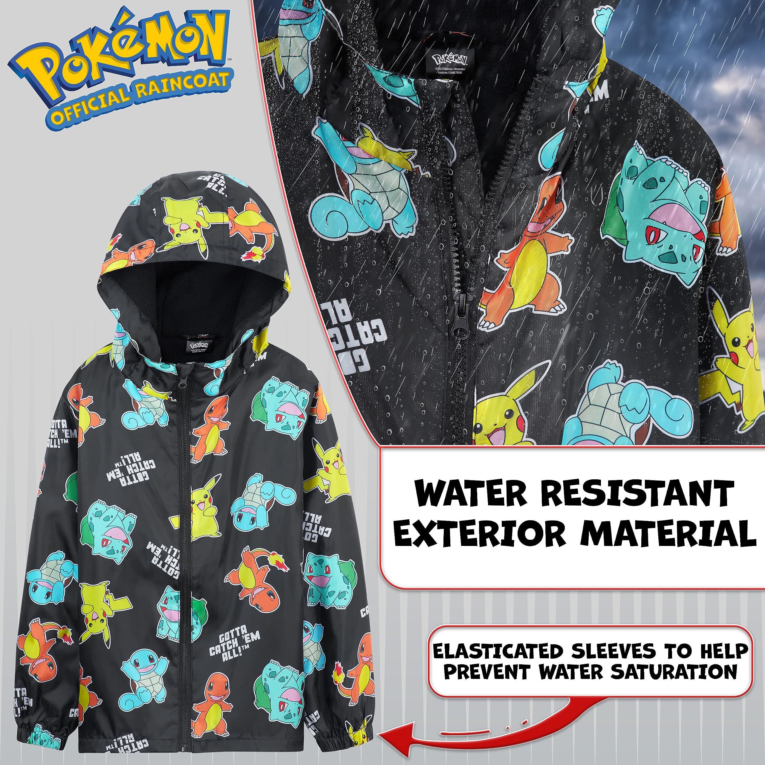 Pokémon Impermeable Enfant Garcon, Veste de Pluie Enfant Doublure en Polaire, Vêtement de Pluie Enfant Ado 4-14 Ans