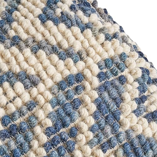 Miniatura 6 de GDFStudio Taburete otomano de lana y algodón estilo bohemio – Puf – Silla de pie – Sofá reposapiés para sala de estar, dormitorio, blanco y azul