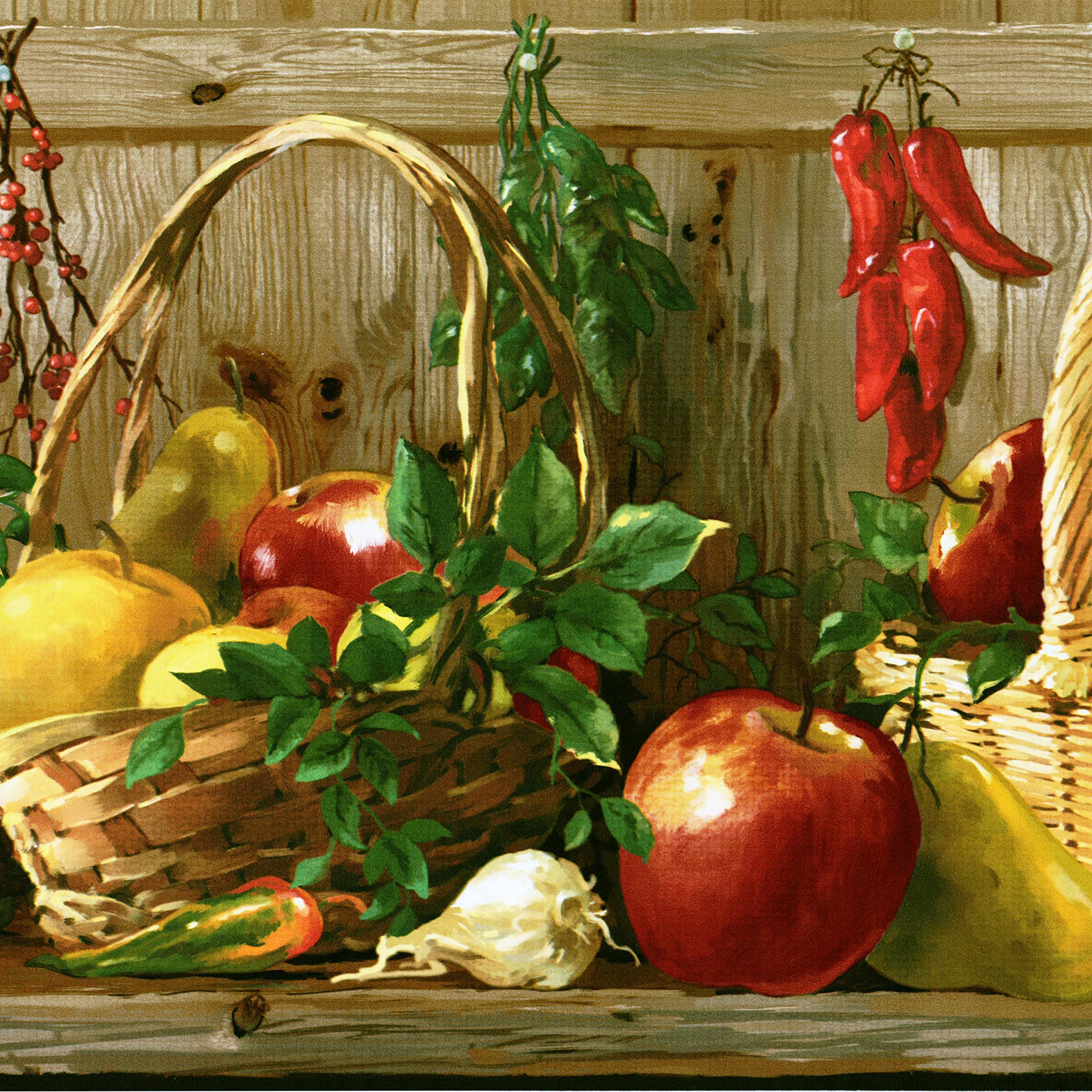 CONCORD WALLCOVERINGS ™ Wallpaper Border Garden Pattern Fruits Herbs Baskets for Kitchen Dining Room Cottage, Brown Green Red Yellow, 15 Feet by 11