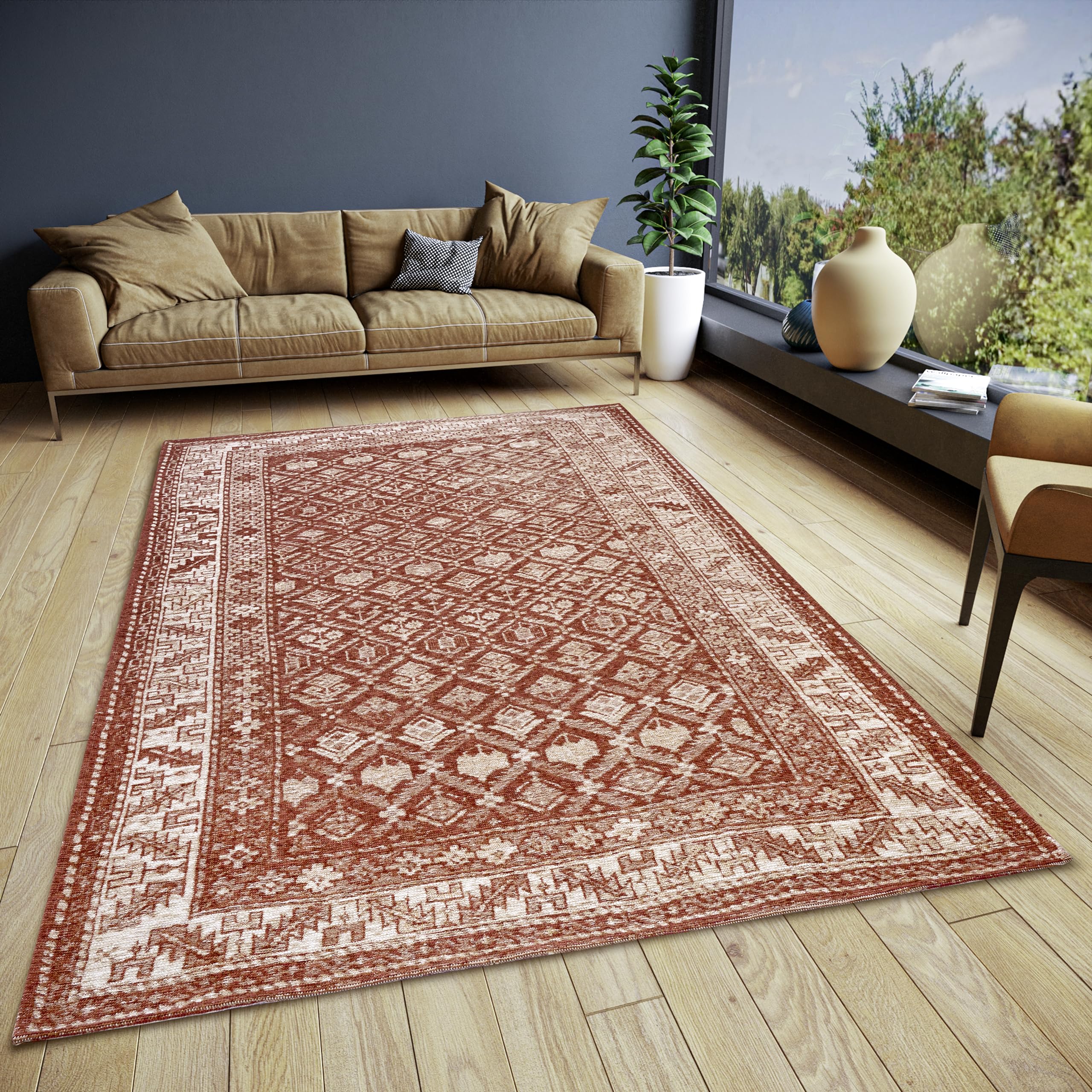 Tapis oriental plat vintage 80x165cm tapis de couloir et chambre classique terra