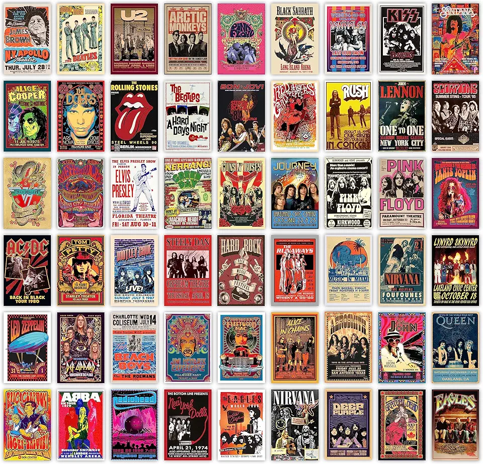 54PCS Vintage Rock Band Posters – Retro 70s, 80s, 90s Concert Prints & Album Cover Collage for Bedroom Wall Art, 4x6 Inch Rock & Metal Music Decor