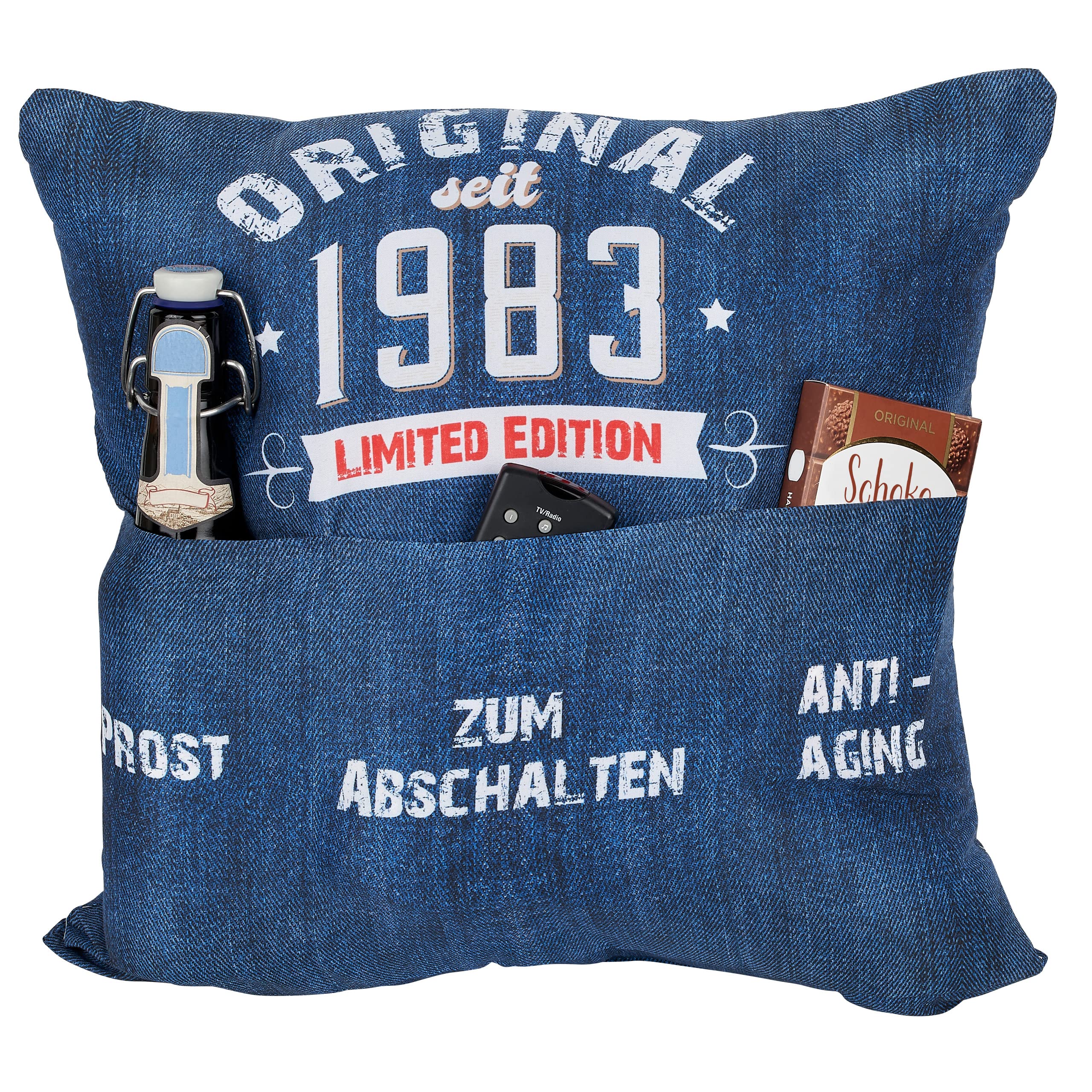 KAMACA Originelles Dekokissen Kissen mit 3 Taschen zum selbst Befüllen und Spruch Größe 43x43 cm tolles Geschenk für Anlässe wie z.B. Geburtstag