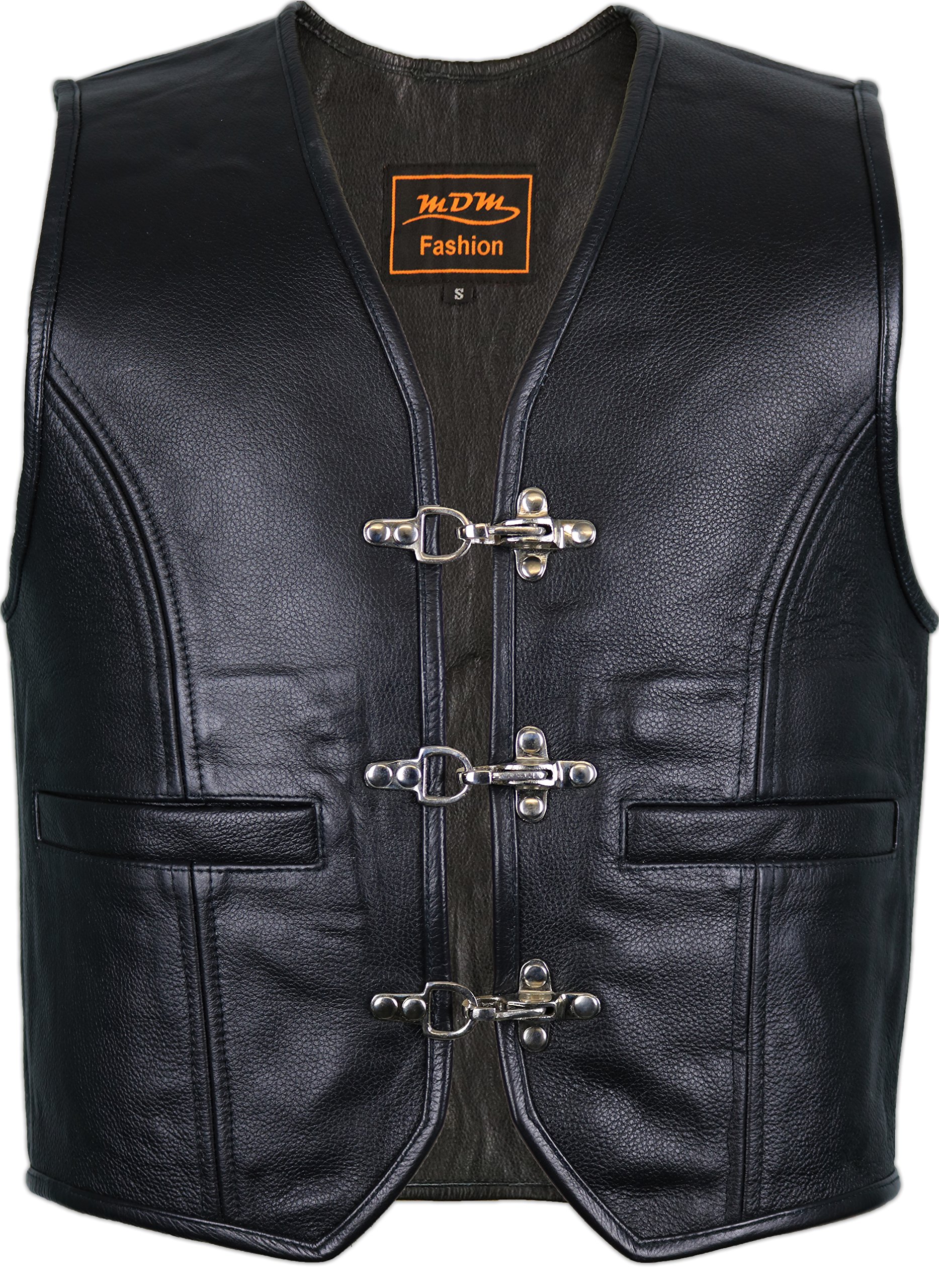 MDM Leren herenvest voor binnen en buiten, van rundleer, zonder snoer, rockervest, leren sketting, bikervest, clubvest