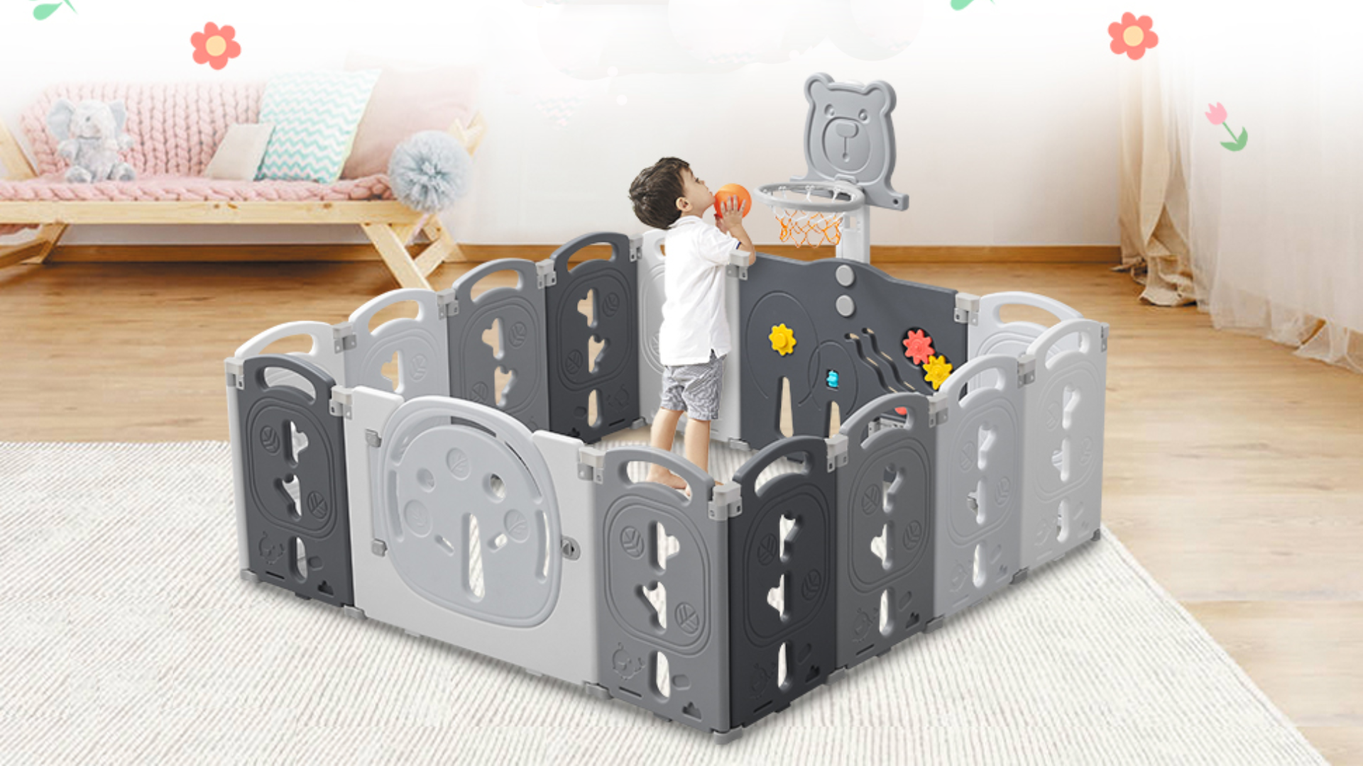 Parc Bébé Portable Avec Base Ventouses - 200x200x60 Cm, Gris Clair, Maille Respirante, Pour Intérieur Et Extérieur