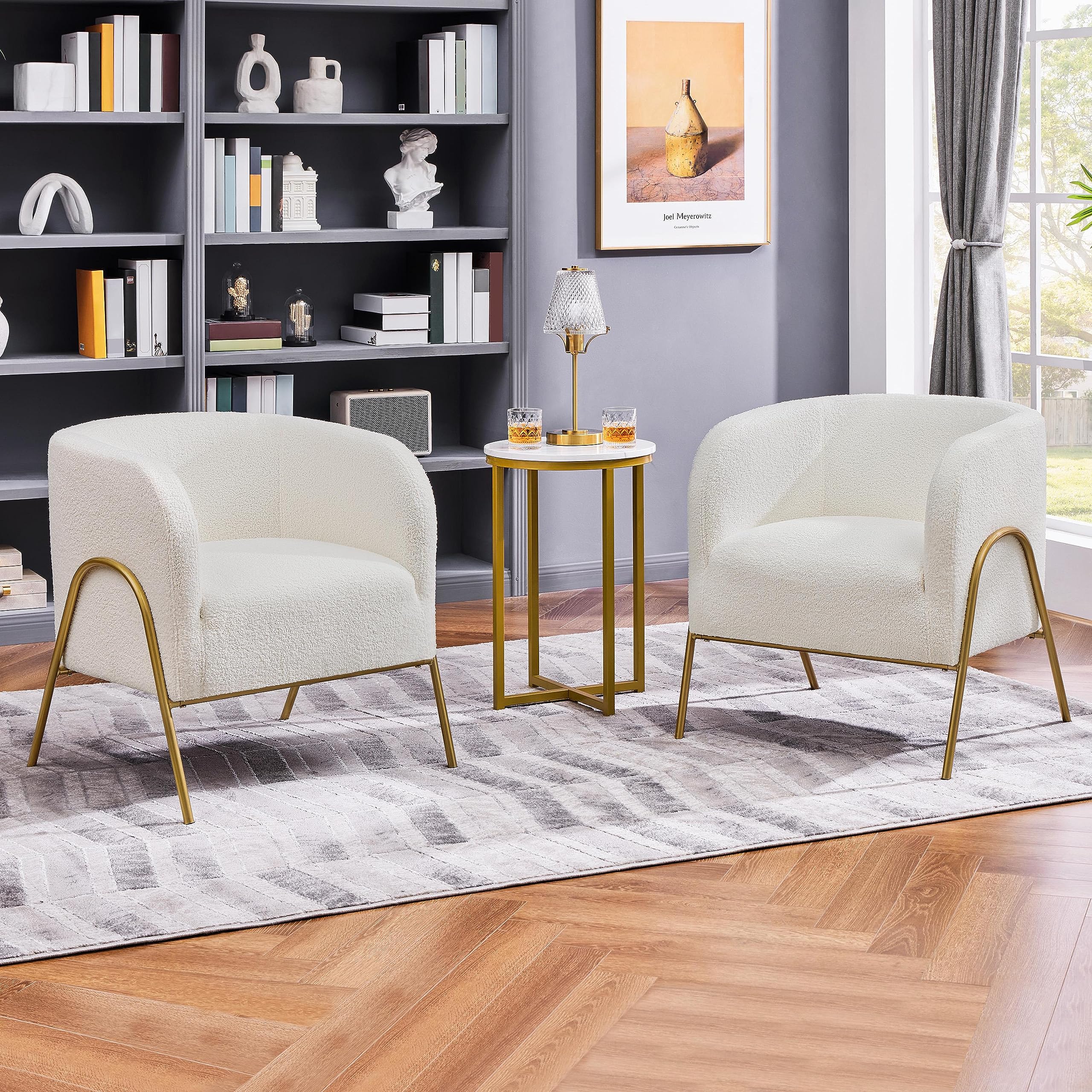 YaheetechTub Chair, Fuzzy Boucle Fabric Barrel Chair, Modern Accent Chair with Gold-tone Metal Legs for Living Room Bedroom Home Office, Ivory, 2pcs