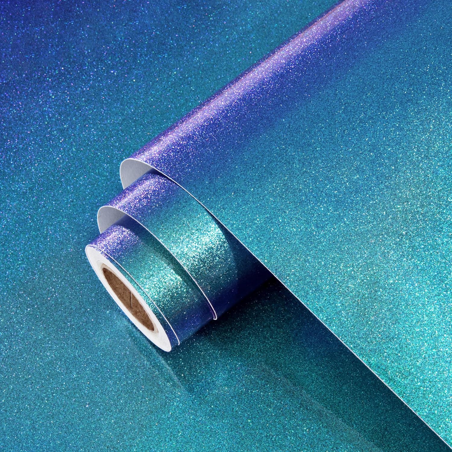 Wallercity Glossy Teal Glitter Peel and Stick Wallpaper Green/Blue Shimmer Contact Paper for Countertops Cabinets Table Top Self Adhesive Removable Shiny Wall Paper Wrap for Bedroom Kitchen 24''x315''