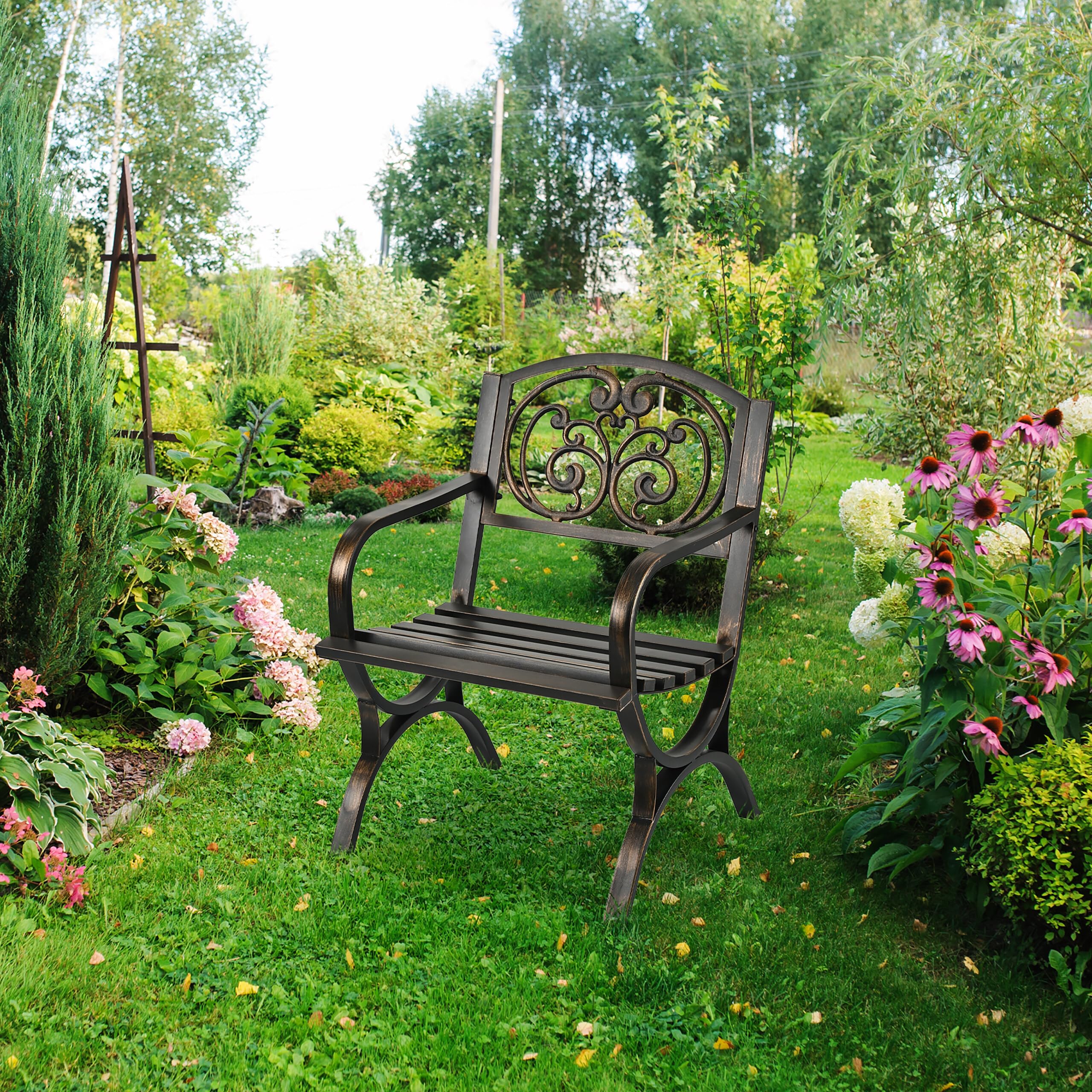 Silla de jardín Relaxdays, con reposabrazos, Extra Ancha, Metal, sillón Vintage, HBT: 85,5 x 60 x 56 cm, Negro/Bronce