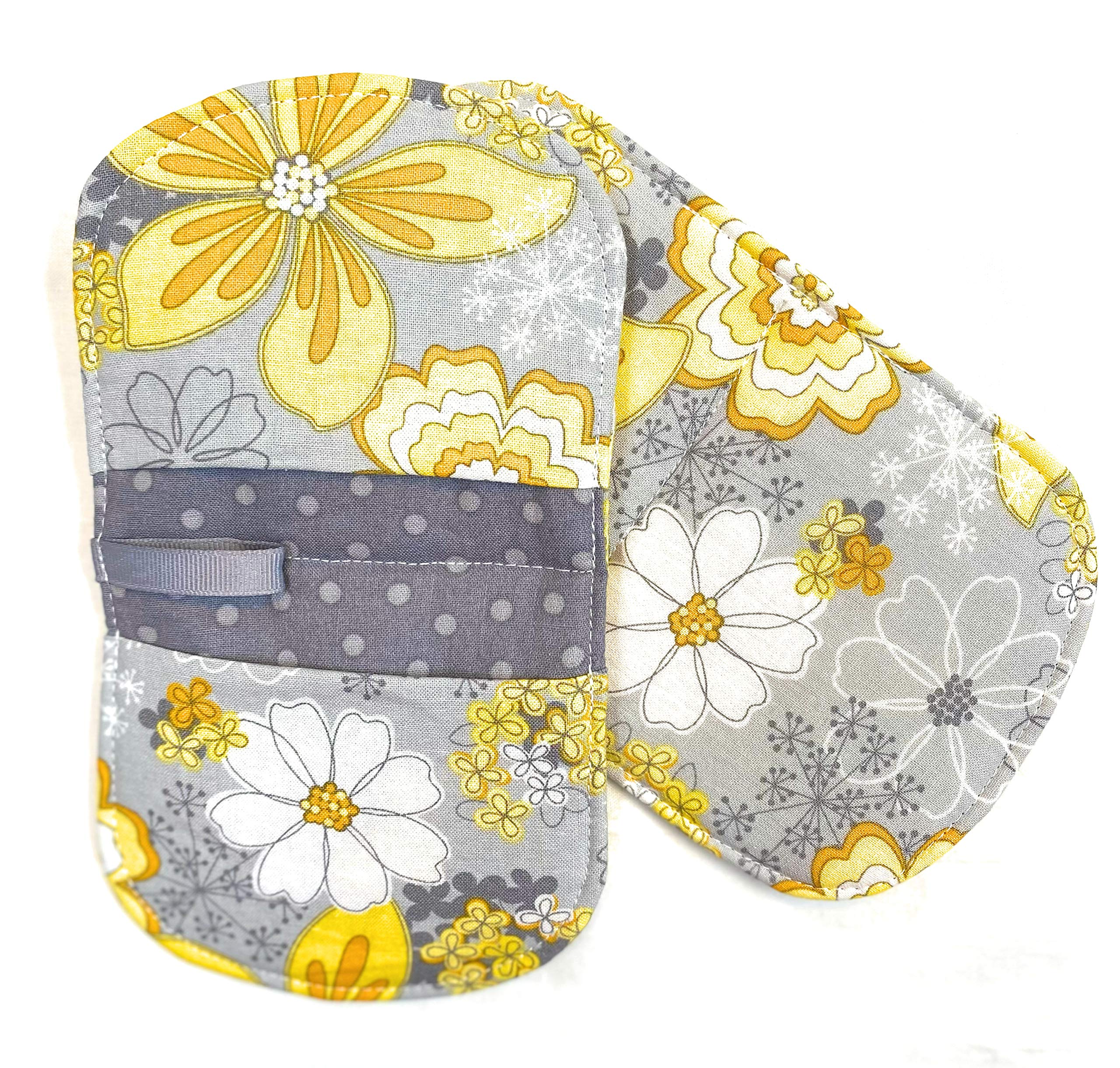 Set of 2 - Yellow and White Flowers on Grey Gray Pot Holder Oval Shaped Pot Holders Hot Pads Microwave Mitts