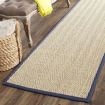 GlobalNiche Natural and Blue, 2'6 x 16' : Natural Fiber Collection NF115E Herringbone Natural and Blue Seagrass Runner (2'6 inches x 16')