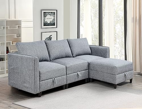 EMKK Sofá modular modular tapizado en forma de L sofá convertible con diván reversible con otomanas para sala de estar apartamento espacios pequeños