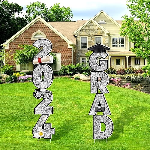 Ruisita Decoraciones de fiesta de graduación de plata 2023, 8 piezas de letreros de graduación para patio con 28 piezas de estacas para decoración