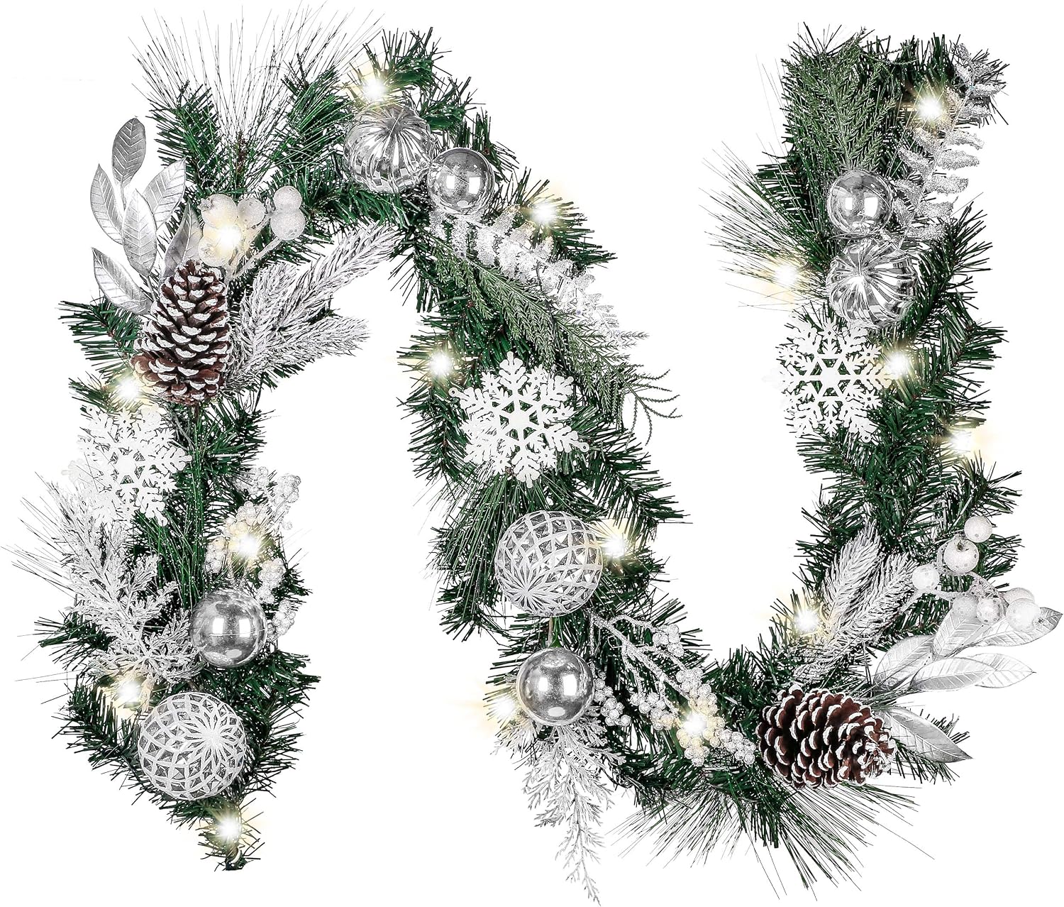 Valery Madelyn Pre-Lit 6 Feet Frozen Winter Silver White Christmas Garland with 20 LED Lights and Ball Ornaments for Front Door Stairs Railing Window Fireplace Mantle Xmas Decor, Battery Operated