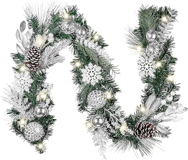 Valery Madelyn 6 Feet/183cm Pre-Lit Christmas Garland for Mantel, Frozen Winter Silver White Garland with Baubles, Xmas Garland with Led Lights and Timer Function for Christmas Party Decoration