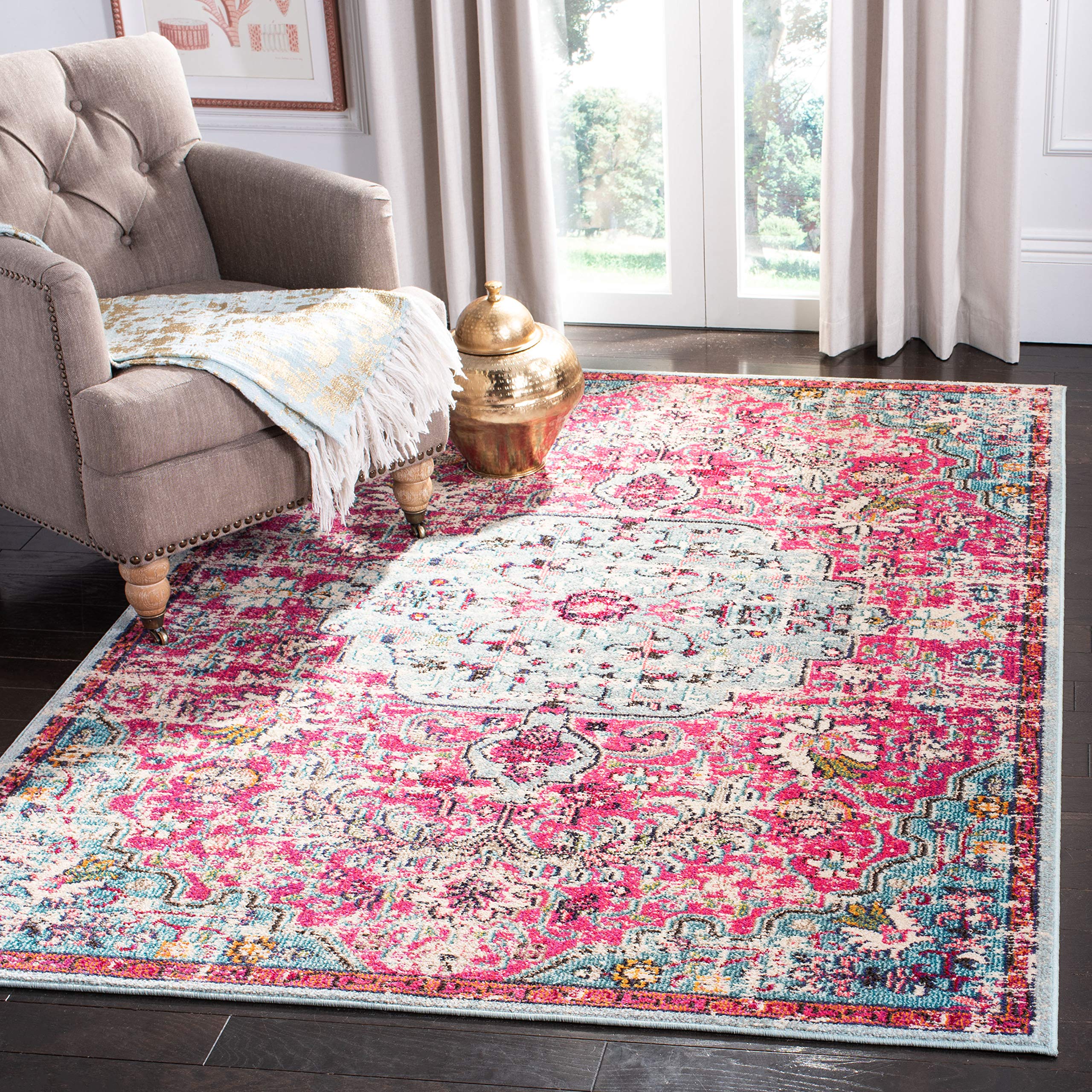 SAFAVIEH Tapis Boho pour Salon, Salle à Manger, Chambre à Coucher - Madison Collection, Tapis à Poil Court, Fuchsia et Sarcelle, 160 X 229 cm