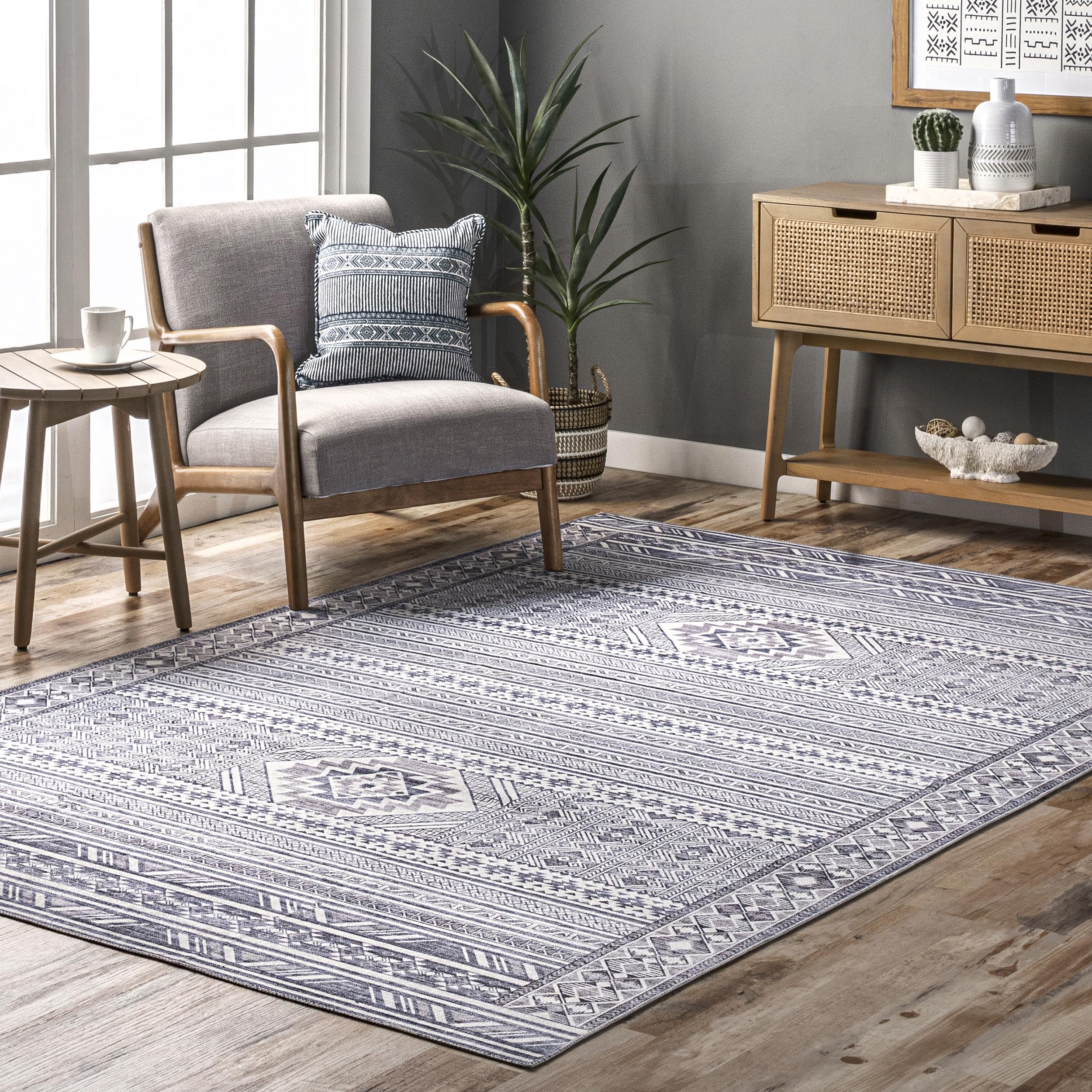 nuLOOM 5' x 8' Machine Washable Stain-Resistant Area Rug with Non Slip Backing, Low Profile for Living Room, Bedroom, and Dining Room, Jenine Grey