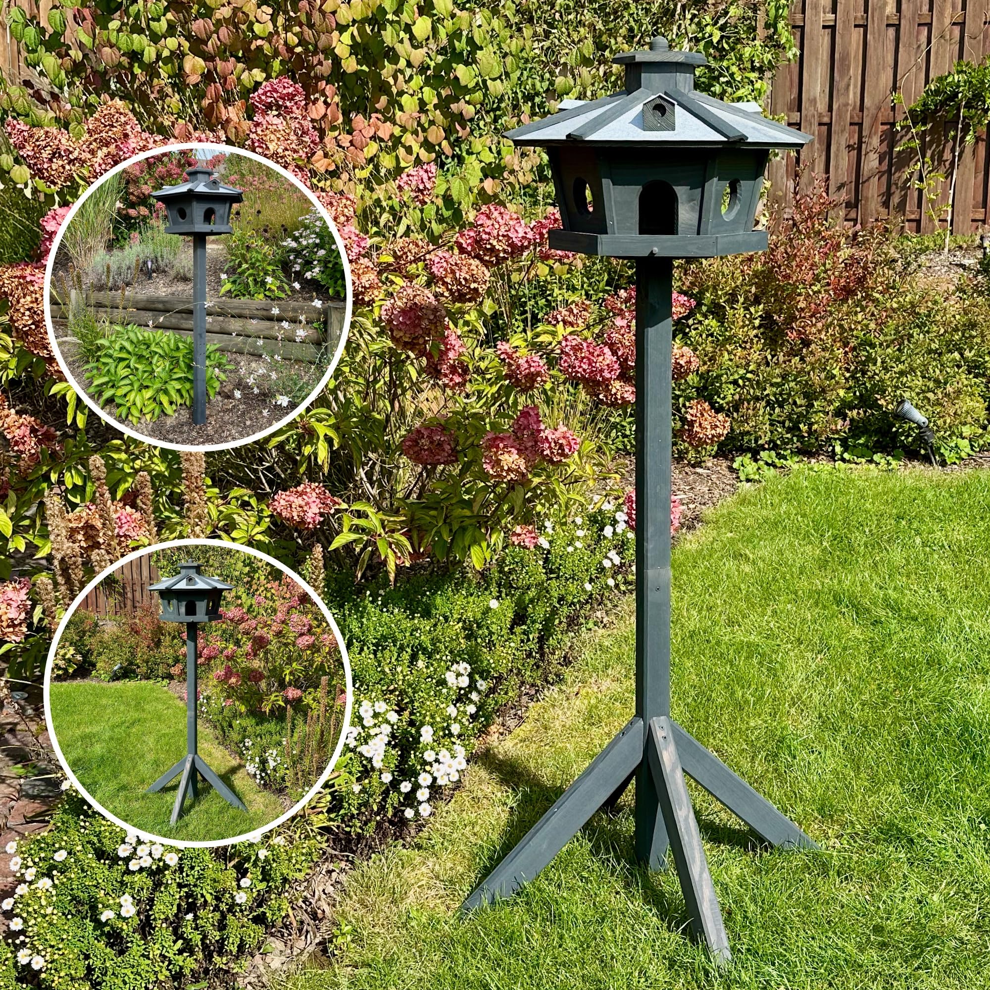 GARTENETAGE Vogelhaus Holz mit 2in1 Ständer & Metalldach/Vogelhaus mit Ständer wetterfest und stabil/sechseckiges Vogelfutterhaus mit Ständer/Robustes Vogelhäuschen für Balkon und Garten