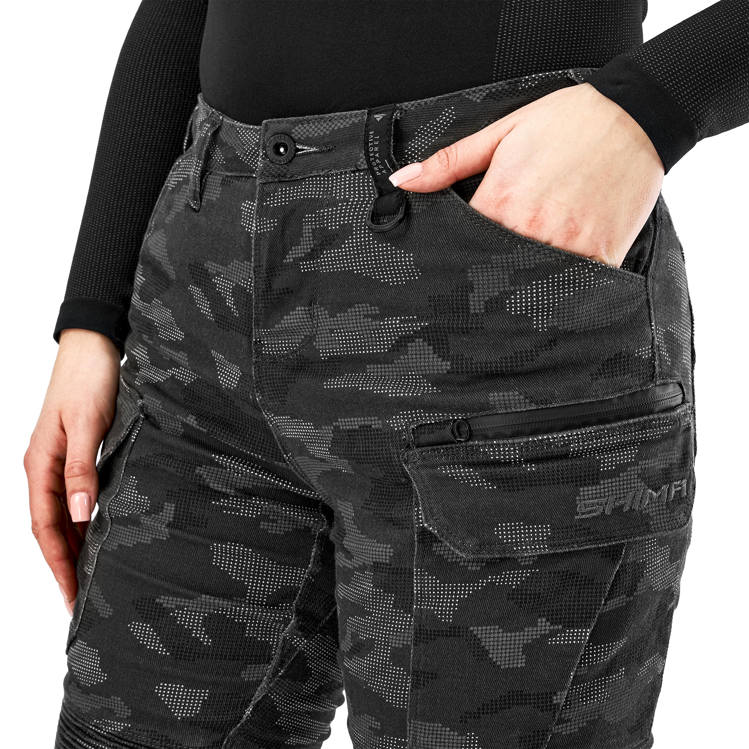 SHIMA Giro 3.0 Damskie spodnie motocyklowe Ochraniacze AirForce Homologowane obcisłe Tekstylia Cargo Urban Spodnie Ochronne Kolana Wentylowane Elastyczne Odzież Letnia (Damska, Camo, 24/30)