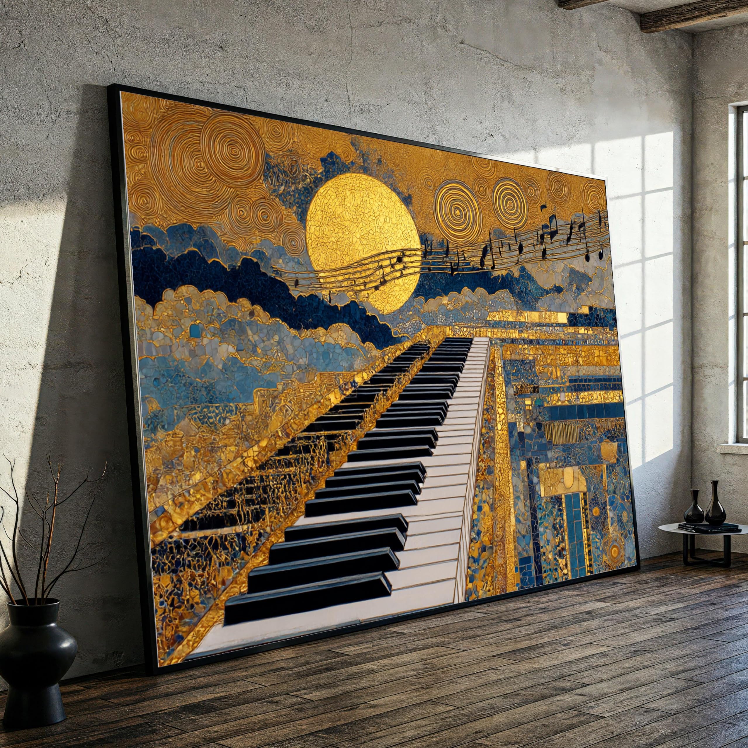 Yusuzhu Frameless Vintage Piano Keys Canvas, Abstract Music Canvas Wall Art, Golden Night Sky Painting, Home Decor, Musical Canvas Print(80X120cm/Frameless)