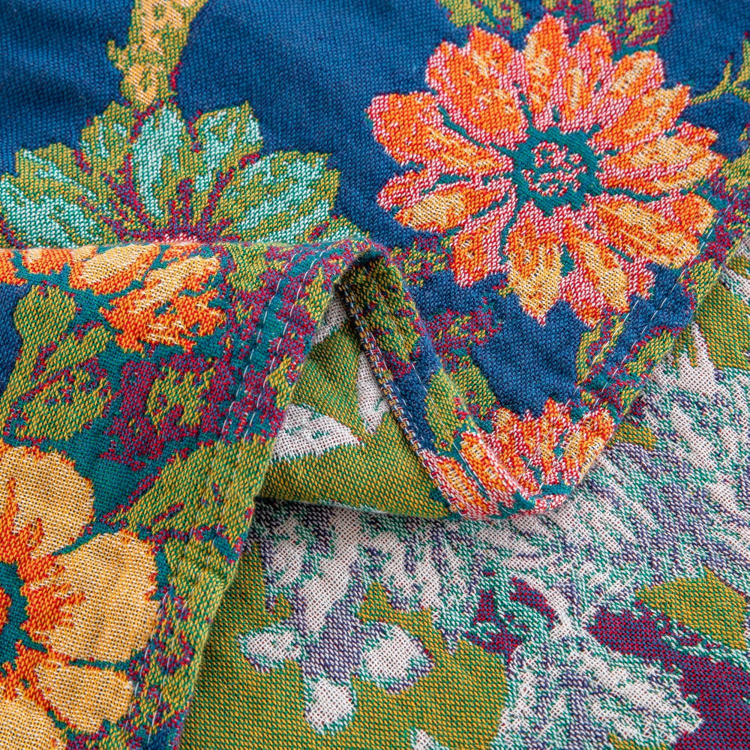 100% Cotton Boho Floral Throw Blanket, Navy Blue with Birds Pattern, Lightweight Muslin Quilt, Decorative Reversible Jacquard Fringed Farmhouse Blanket for Home, Picnic, Travel, 60"x80" - Image 5