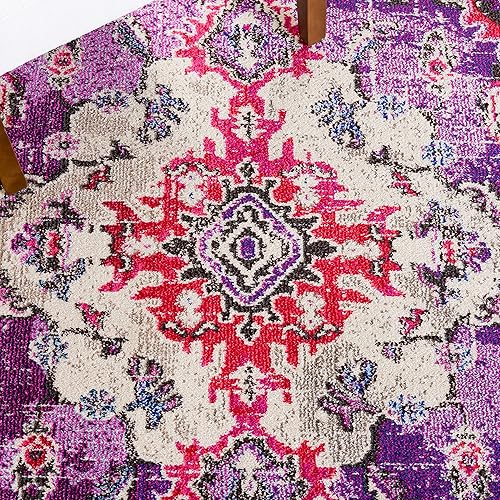 Miniatura 7 de Safavieh Tapete de área, colección Monaco, 5 pies 1 pulgadas x 7 pies 7 pulgadas, diseño de medallón, violeta y fucsia, no desprende pelusa y de