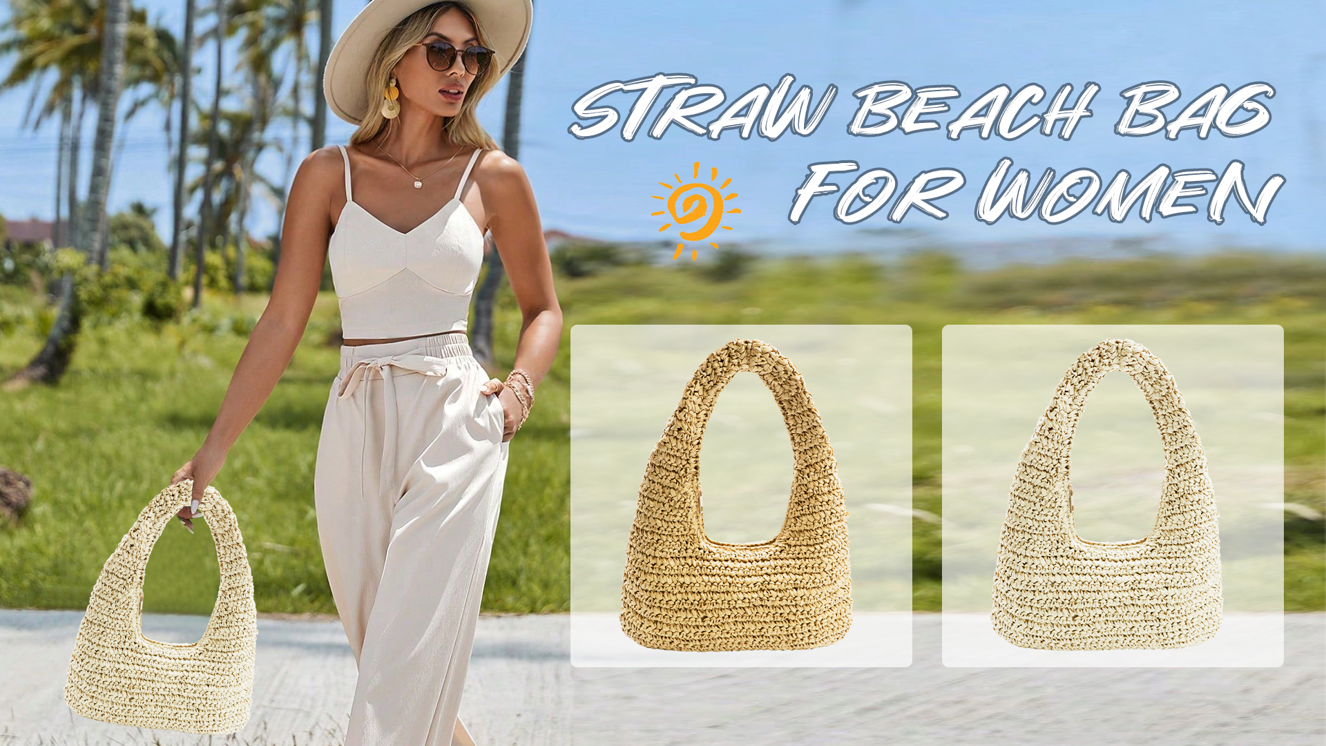 Bolso Crescent Straw para mujer verano playa tote miniatura 7