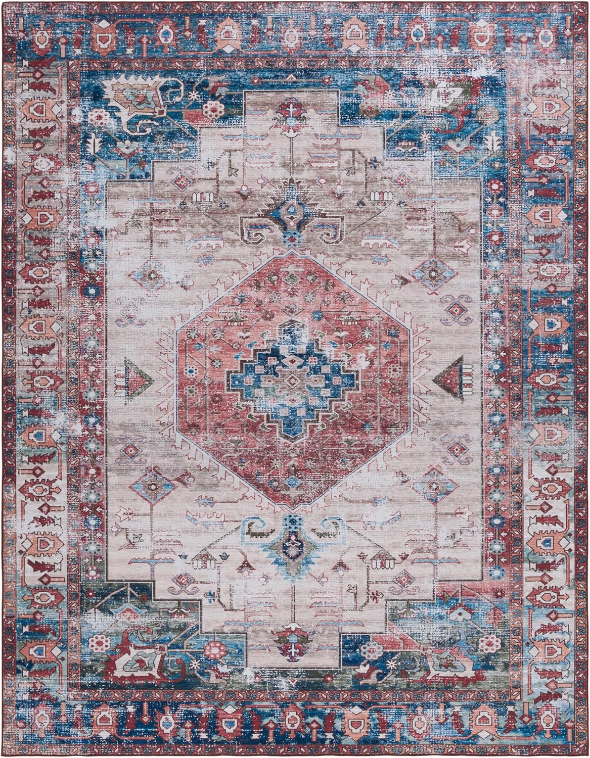 SAFAVIEH Washable Rug Tucson Collection - 8' x 10', Beige & Rust, Slip Resistant & Easy to Clean, Ideal for Living Room, Bedroom, Dining Space (TSN155B)
