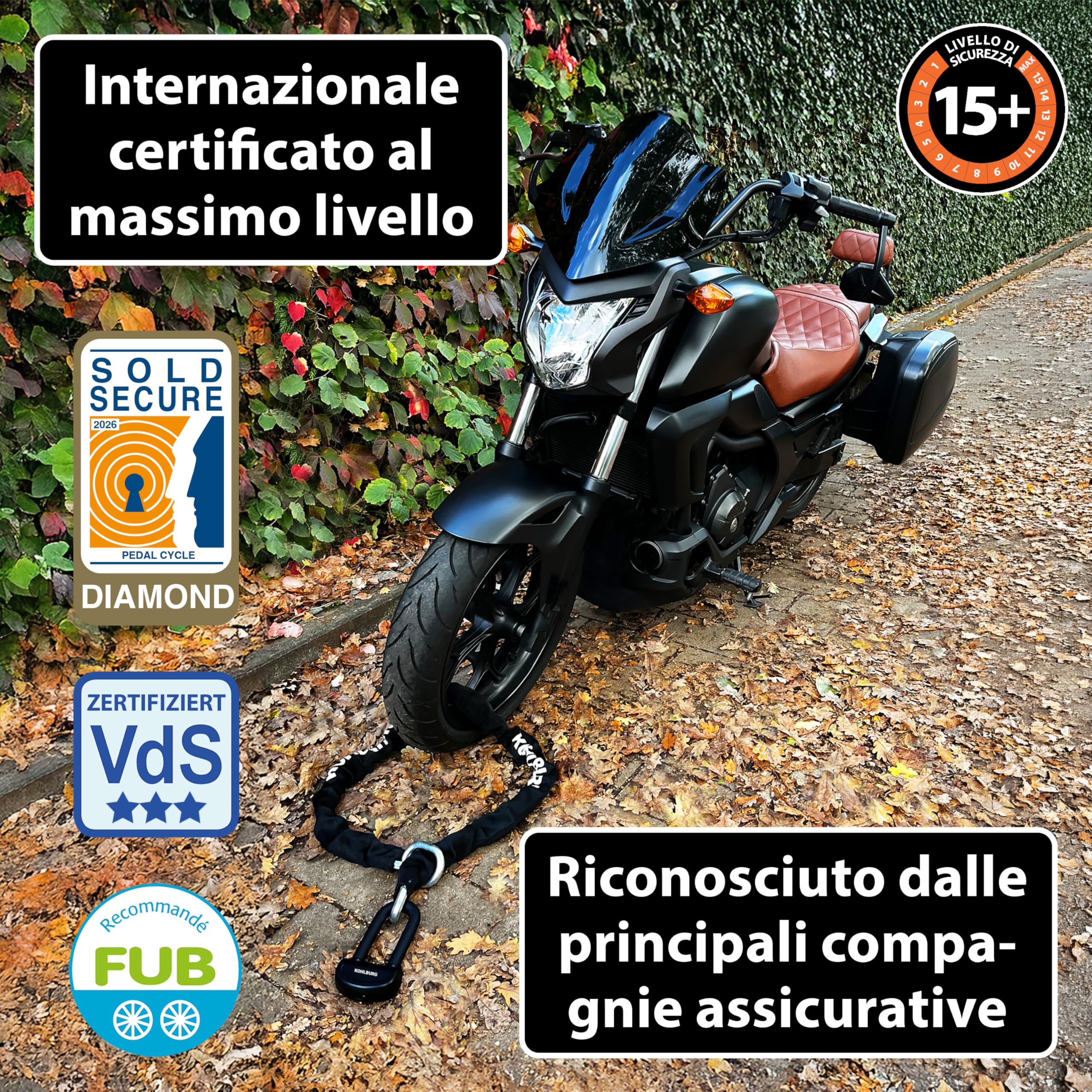 KOHLBURG catena antifurto massiccia per moto 6 kg, 150 cm di lunghezza, livello di sicurezza più alto 15+ su 15, catena in acciaio da 13 mm super robusta come antifurto per moto, scooter e e-bike