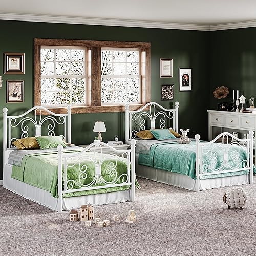 Miniatura 6 de Allewie Base de cama de tamaño individual para niños, marco de cama de metal con cabecero y estribo de diseño de mariposa, no necesita somier, fácil