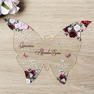 20 PCS Butterfly Shape Personalized Clear Acrylic Sage Green Quinceanera Invitation, Customized XV Anos, 15 Anos Invitation Cards with Envelopes, Floral Printed (Burgundy)