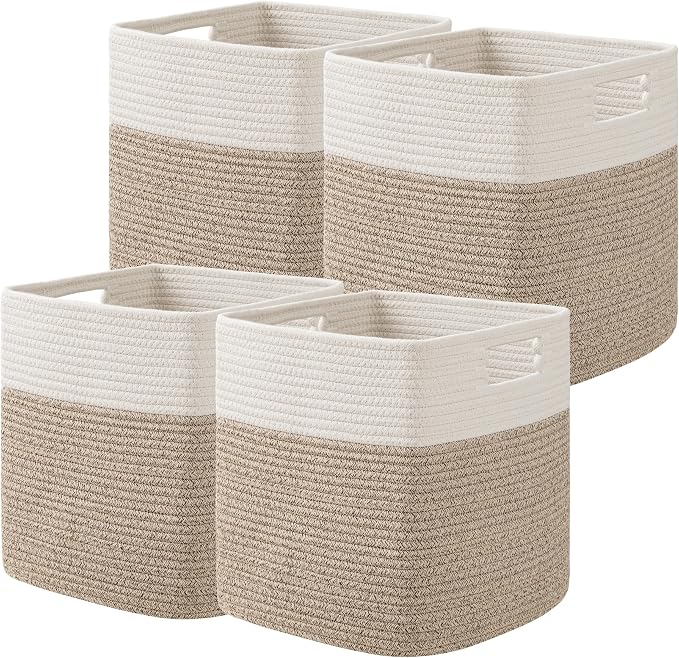 UBBCARE Set of 4 Storage Basket-13 X 13 X 13 in, Cotton Rope Basket for Shelves, Cube Storage Bins with Handles, Woven Storage Basket for Organizing, White & Jute