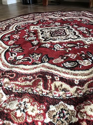 Miniatura 4 de EMIRATES Alfombra tradicional redonda oriental, diseño rojo, beige y marrón, 520 (4 pies x 4 pies)